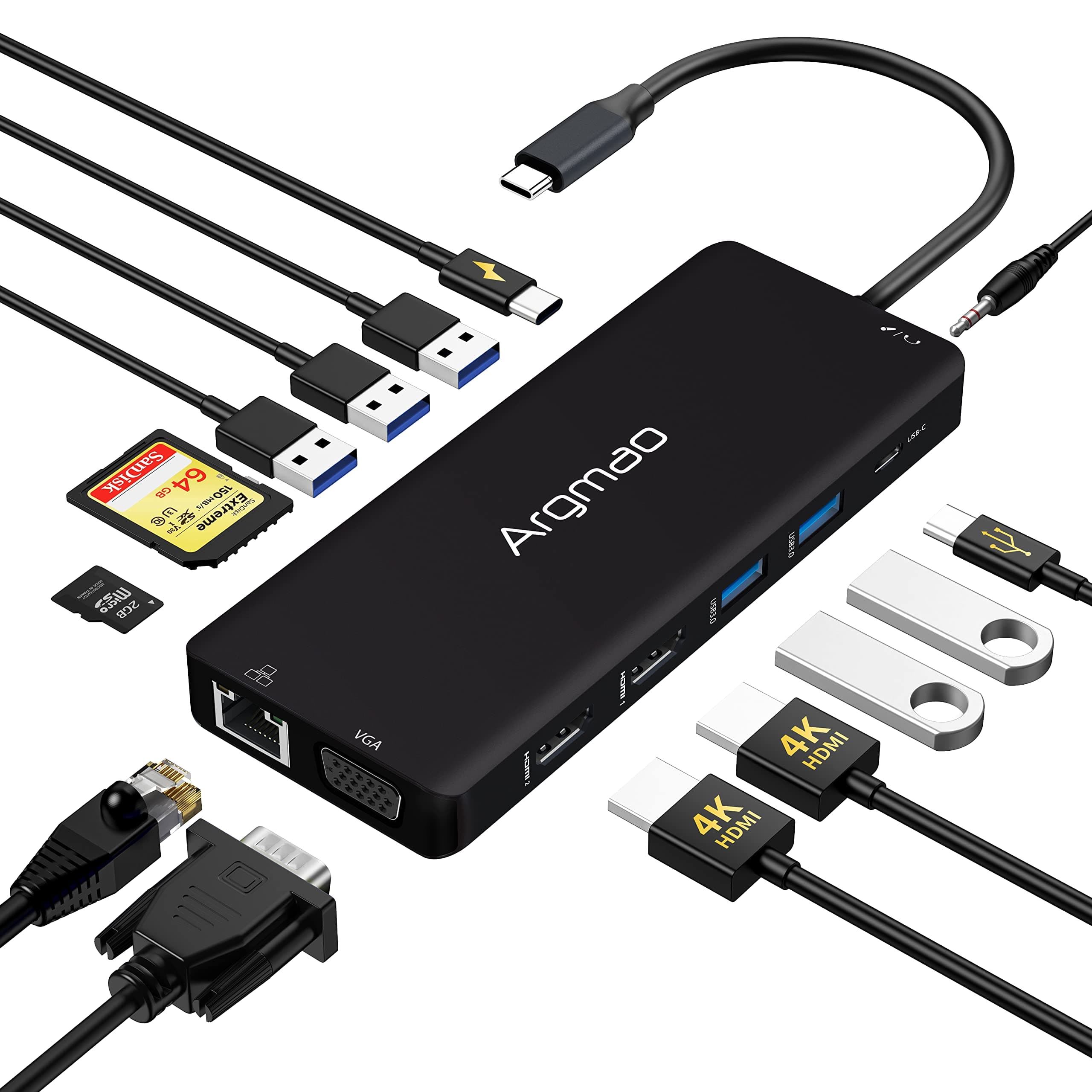 USB C Laptop Docking Station, 14 in 1 Type C Hub with 3 Monitors, Dual HDMI, VGA, PD, Ethernet, SD/TF, USB C/A Ports, Mic/Audio, Multiport Adapter Dongle Compatible for MacBook/Dell/HP/Lenovo