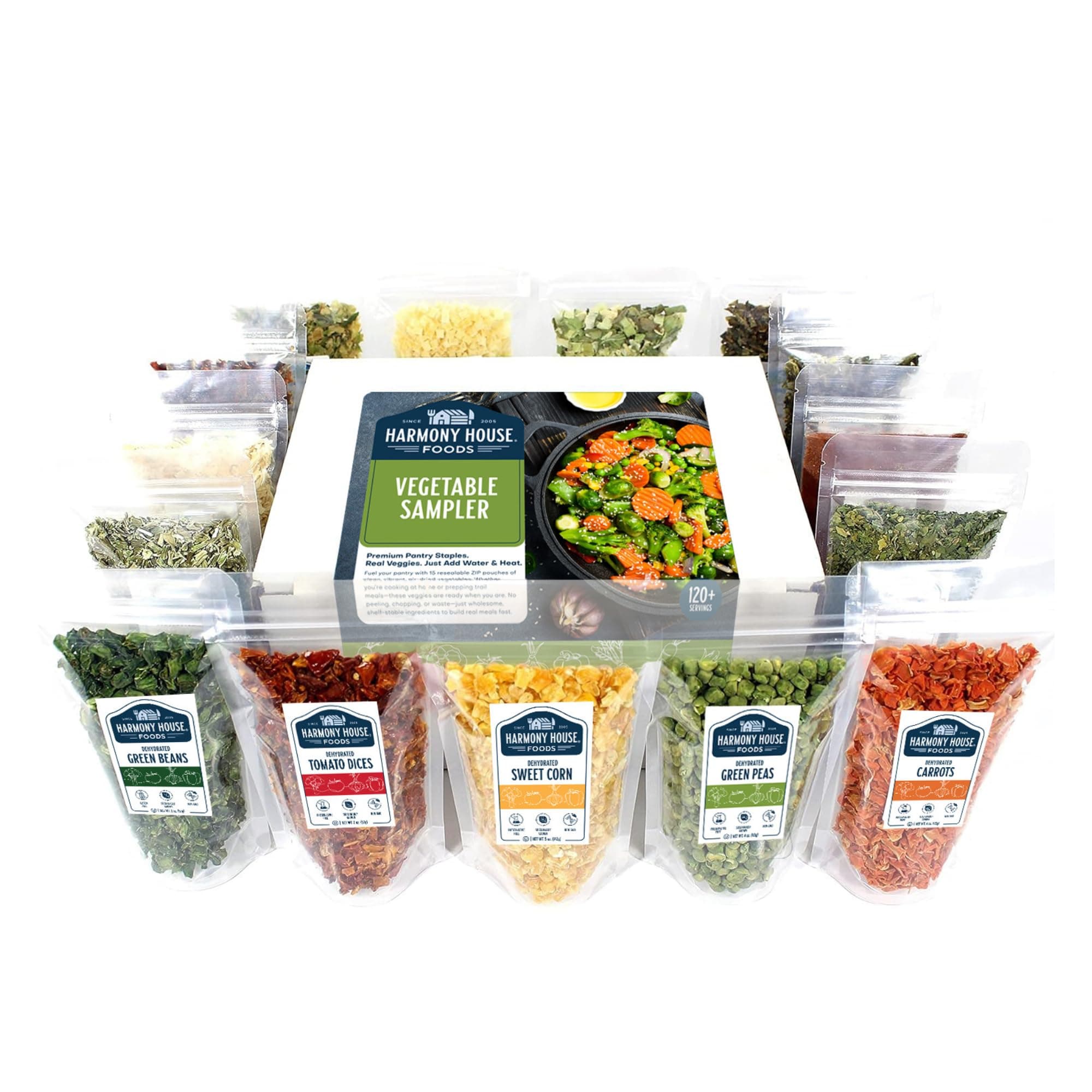 Harmony House Dehydrated Vegetable Sampler – 15 Count Variety Pack, Resealable Zip Pouches, For Cooking, Camping, Emergency Supply and More