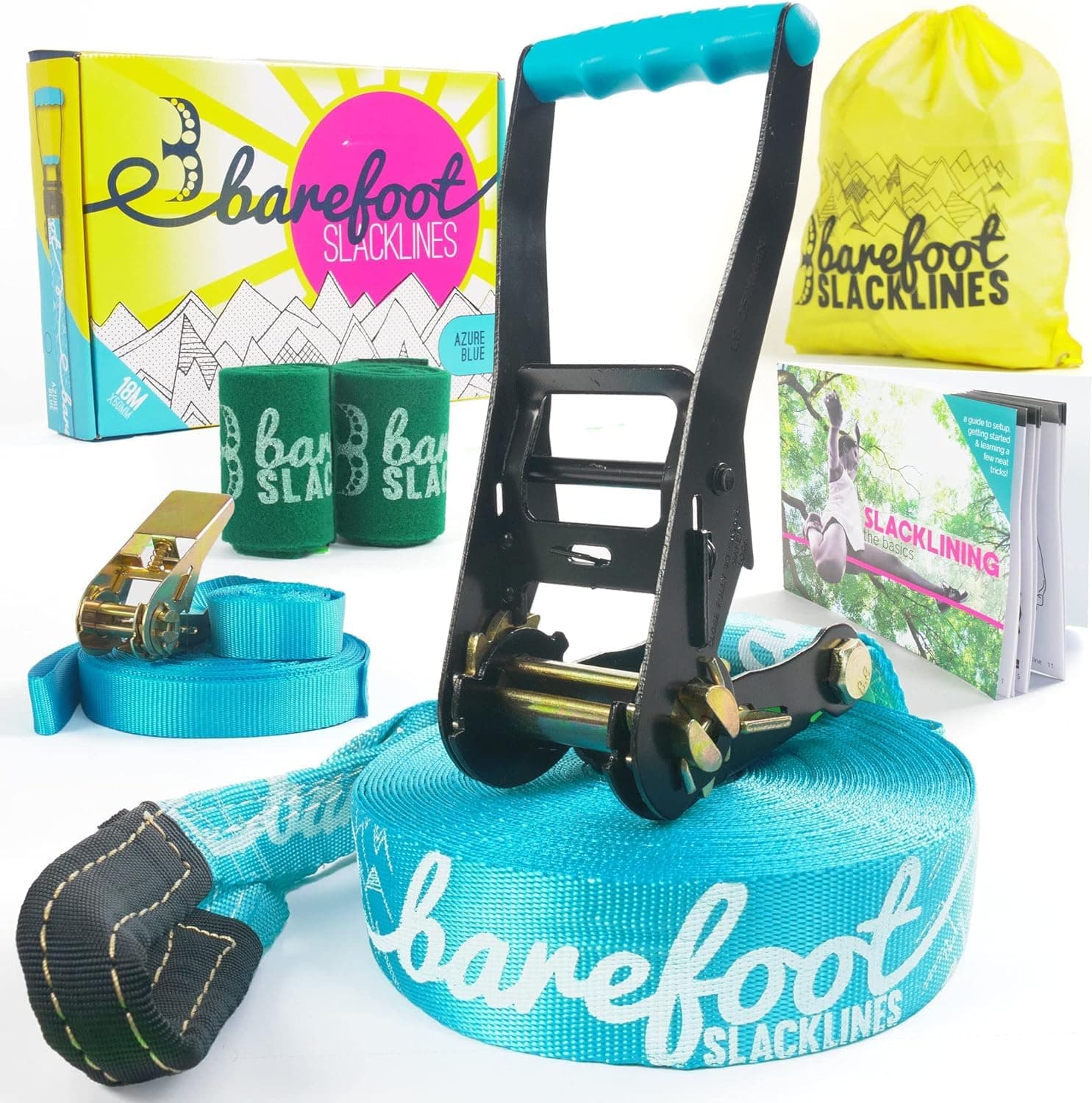 Barefoot Slackline Kit 60ft (18m) Complete Set Including, Ratchet, Training Line, Bark Protectors & Instructions! Designed for both Kids & Adults - (Azure Blue)