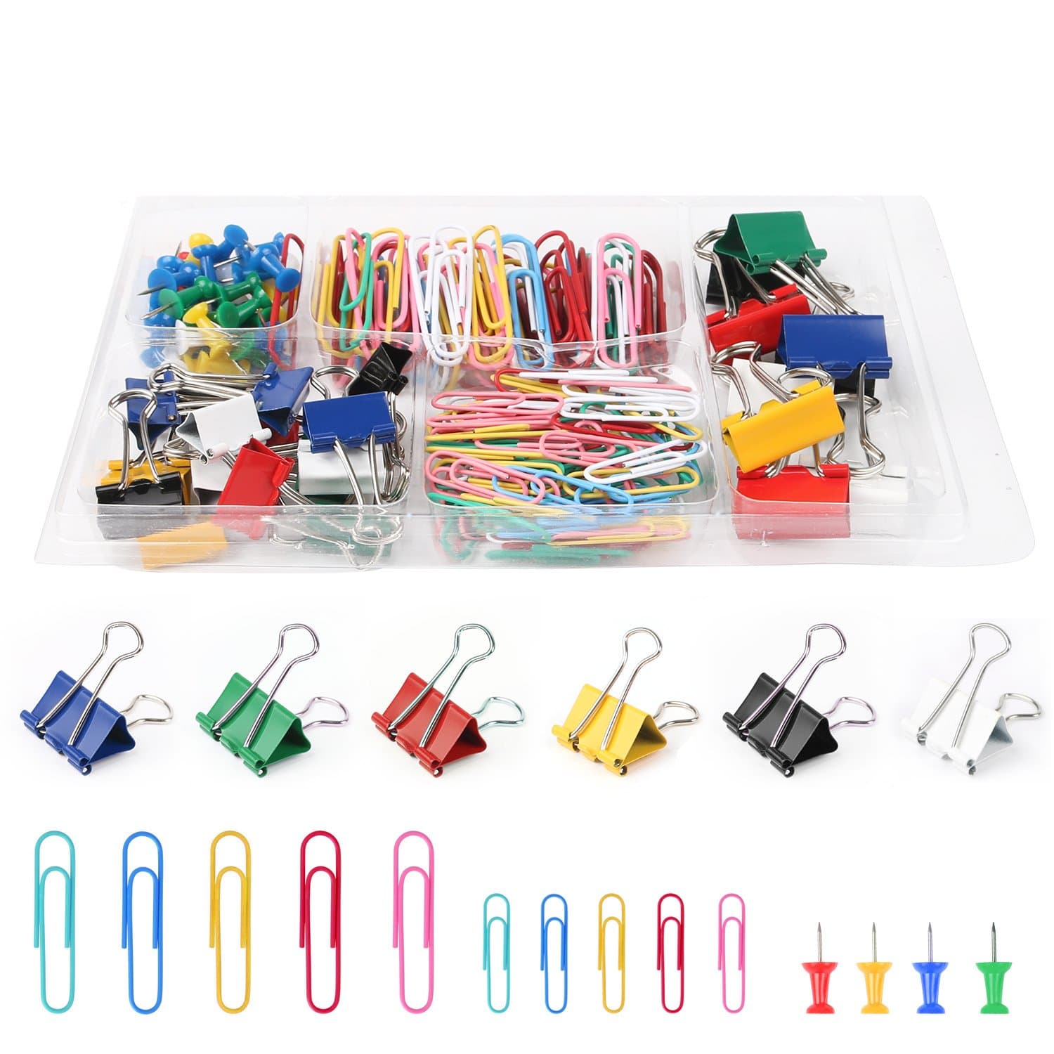 COFUN Various Sizes Metal Binder Clips, Paper Clips and Push Pins, Assorted Color, Useful Tools for School, Office, Home and So On (205 Pieces)