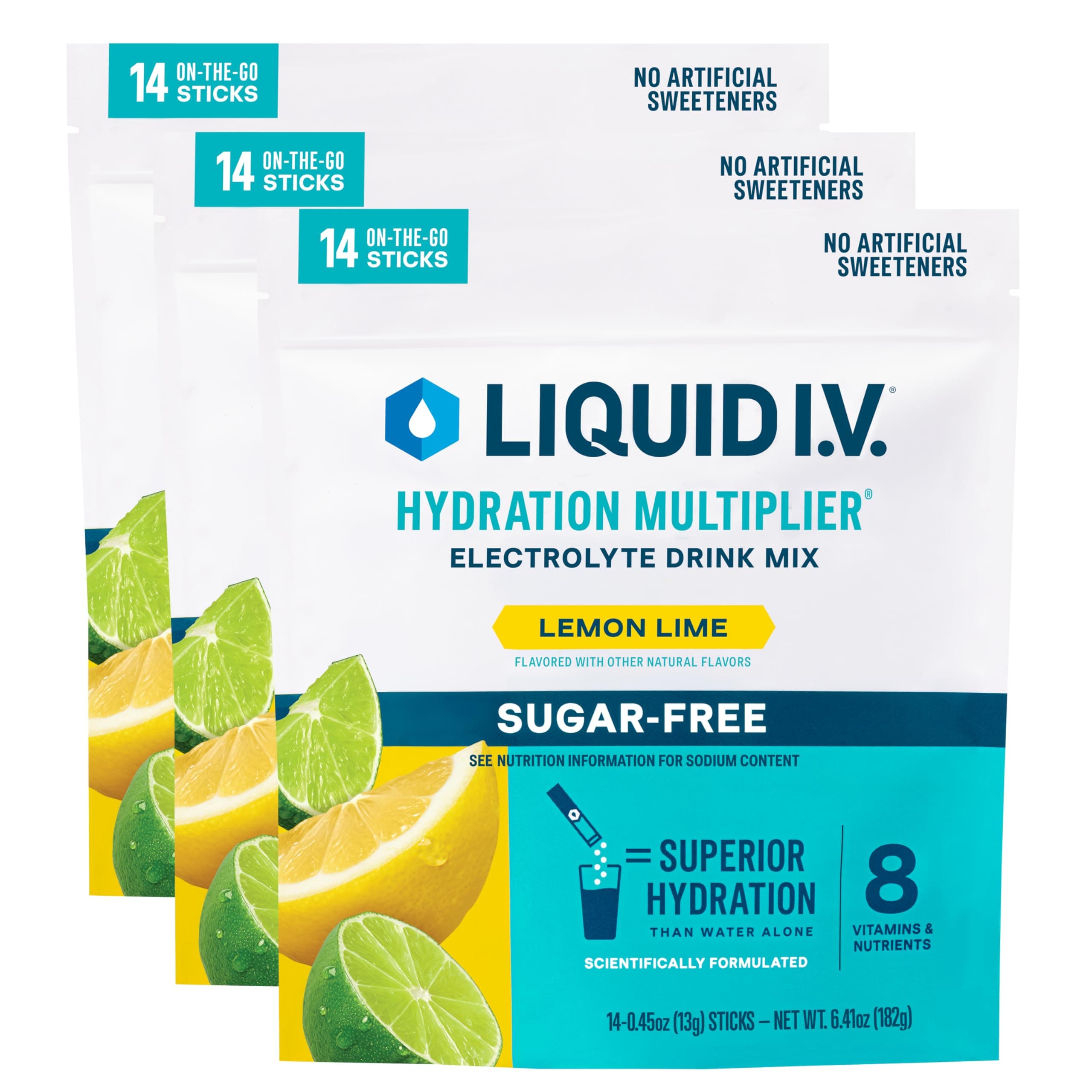 Liquid I.V.® Hydration Multiplier® Sugar-Free - Lemon Lime - Hydration Powder Packets | Electrolyte Powder Drink Mix | Convenient Single-Serving Sticks | Non-GMO | 14 Servings (Pack of 3)