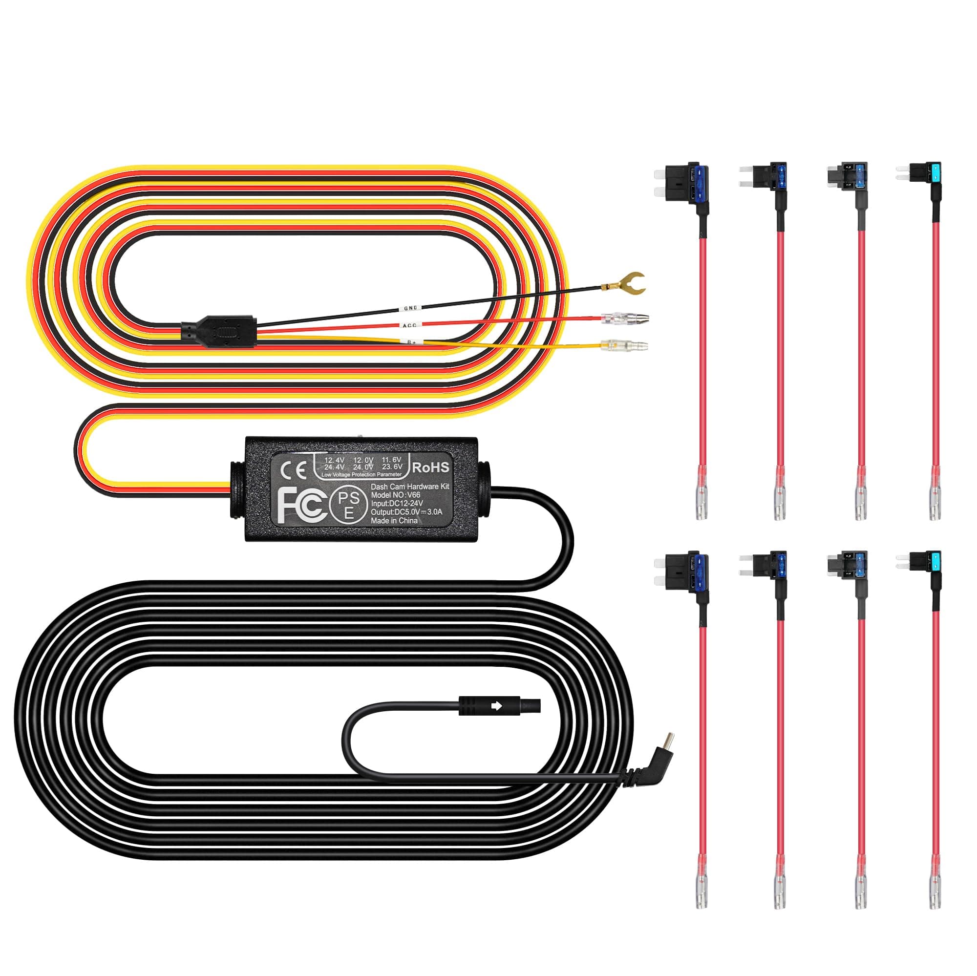 Pelsee Dash Cam Hardwire Kit, Full Set Hard Wire Kit Fuse for P1 Duo Dash Cam, 12V-24V to 5V Car Dash Camera Charger Power Cord, 4 Fuse Cable and Installation Tool