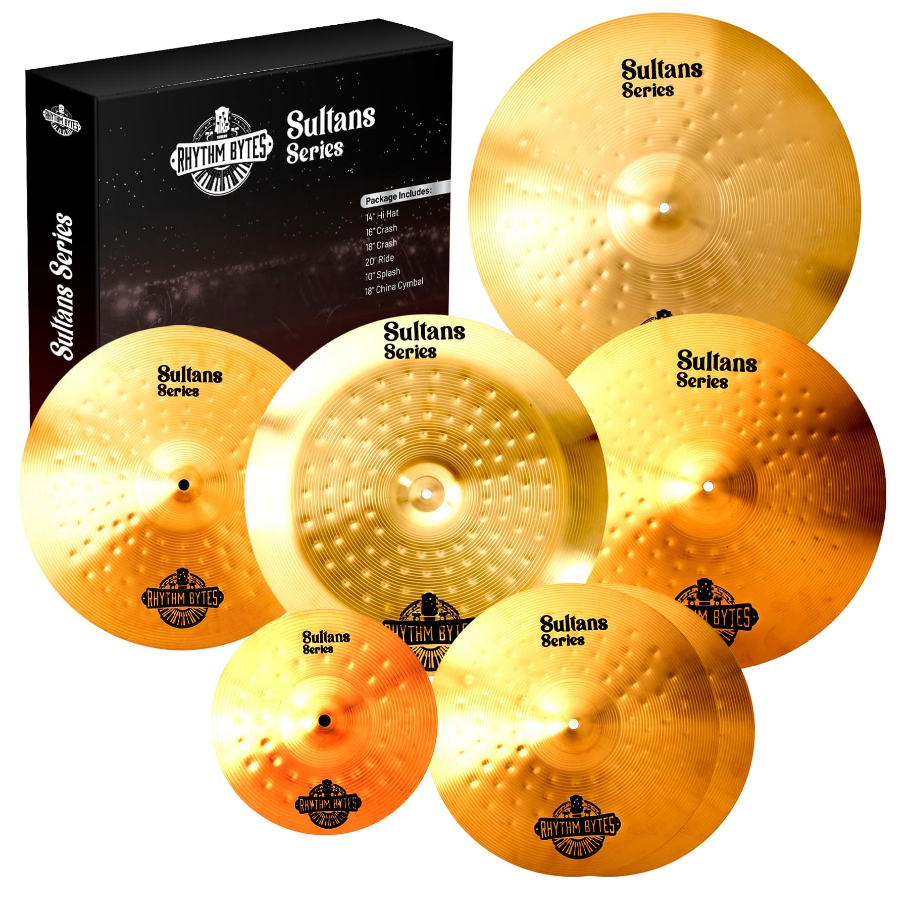 Cymbal Set - New Sultans Series | Complete 7-pcs Drums Set Cymbal Pack Includes 14" Hi-Hats, 16" Fast Crash, 18" Crash, 20" Ride, 10" Splash, 18" China