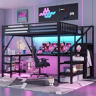 Queen Size Loft Bed with Desk and Stairs, Gaming Loft Beds with RGB LED Light and Storage, Heavy-duty Metal Loft Bed Frame with Wardrobe, Shelves and Charging Station for Adults Kids Teens, Black
