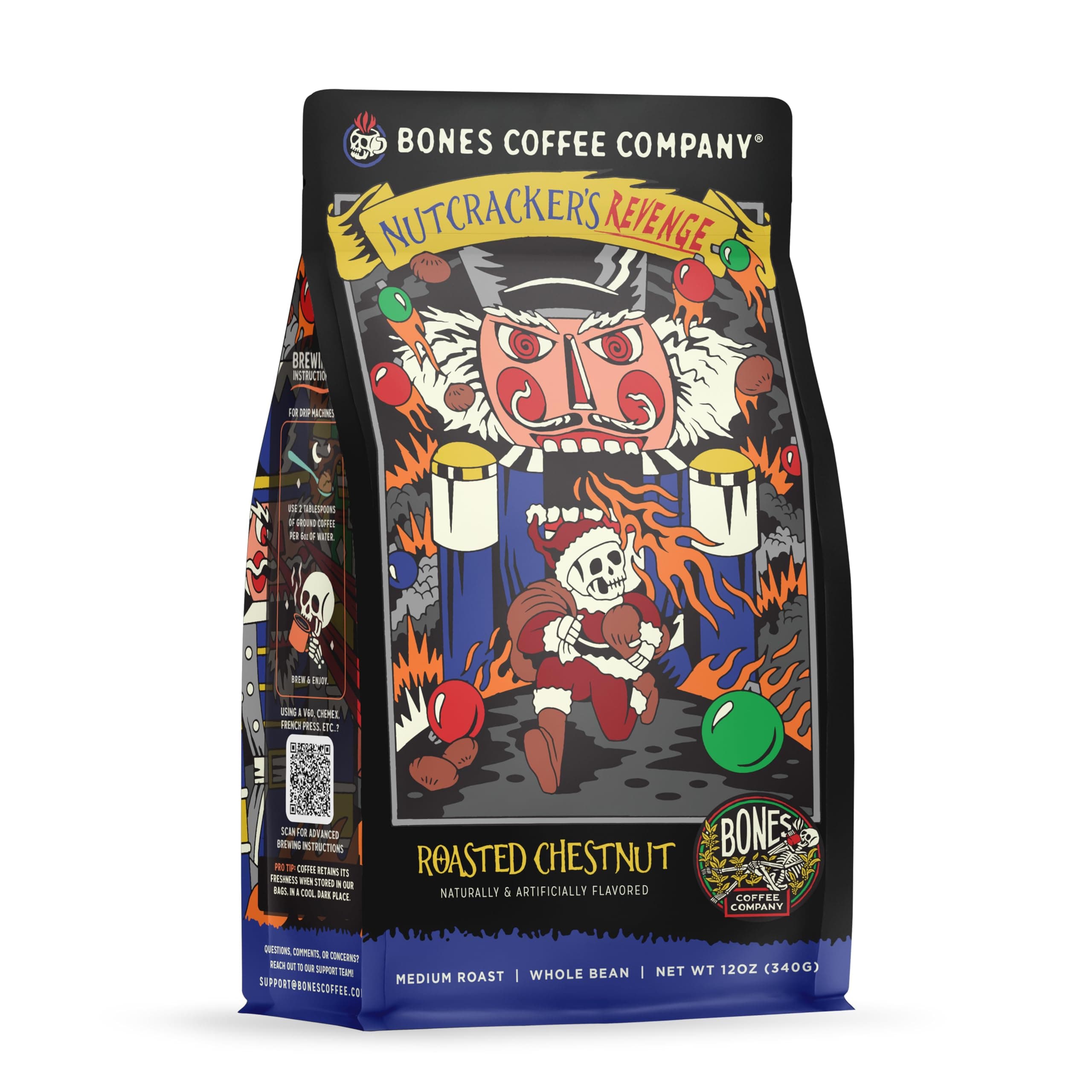 Bones Coffee Company Nutcracker's Revenge, Roasted Chestnut Flavored Coffee, Medium Roast Low Acid Arabica Beans Compatible with Auto drip and French Press Coffee Maker, 12 Oz Whole Bean