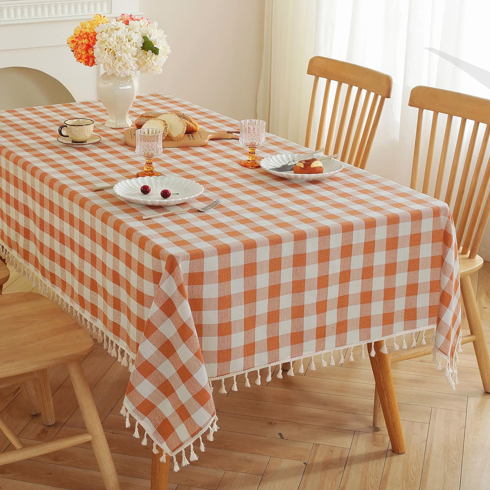 JIALEOrange Checkered Table Cloth Rectangle Cotton Linen Fabric Gingham Tablecloth with Tassel Washable Wrinkle Free Buffalo Plaid Table Cover for Fall Picnic Kitchen Dining,Orange and White,55x106''