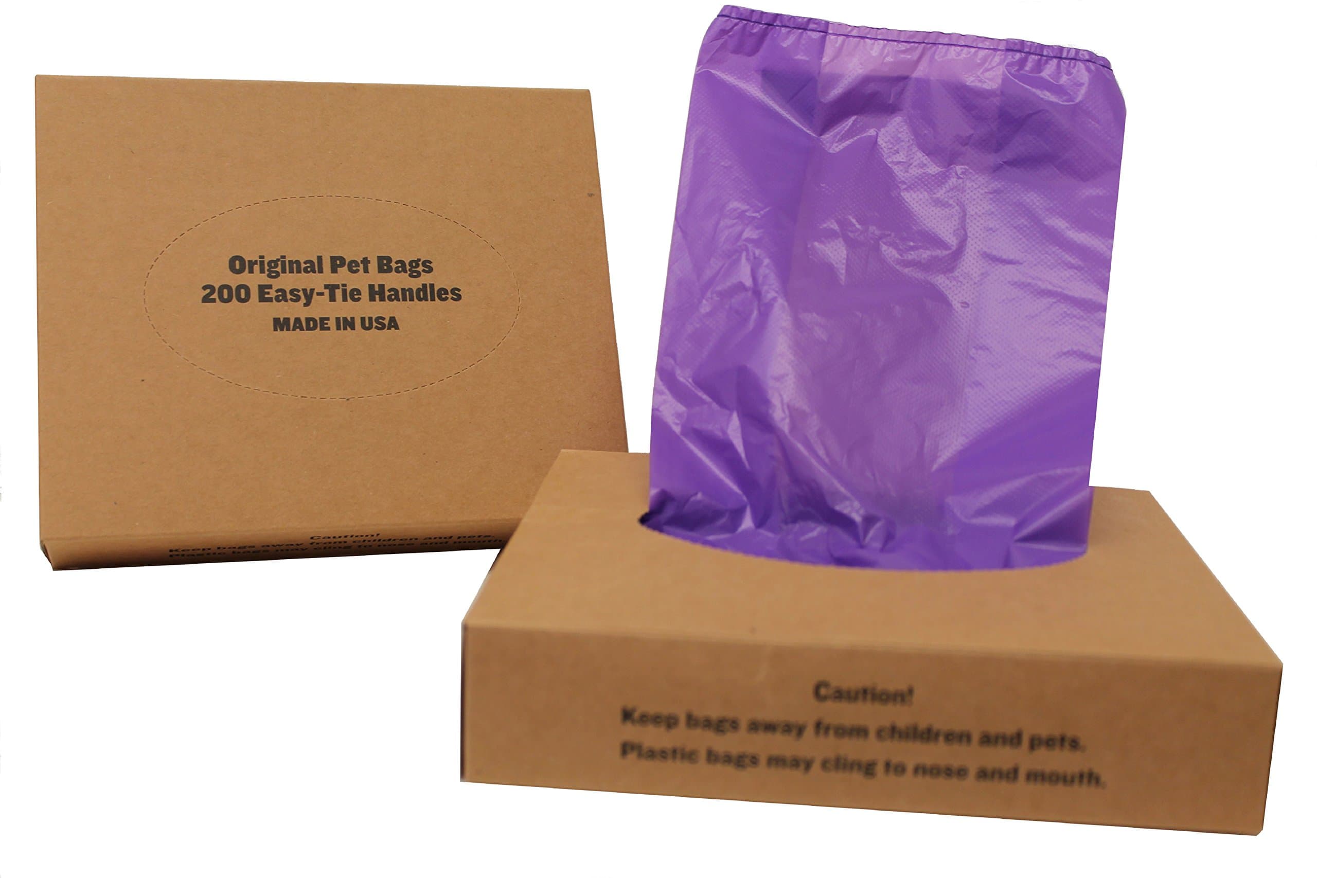 200 Black Easy Open & Easy-tie Handle 15" Strong Leak- Proof Poop Bags, Dog Waste Bags Made in USA (not on rolls) (Purple)