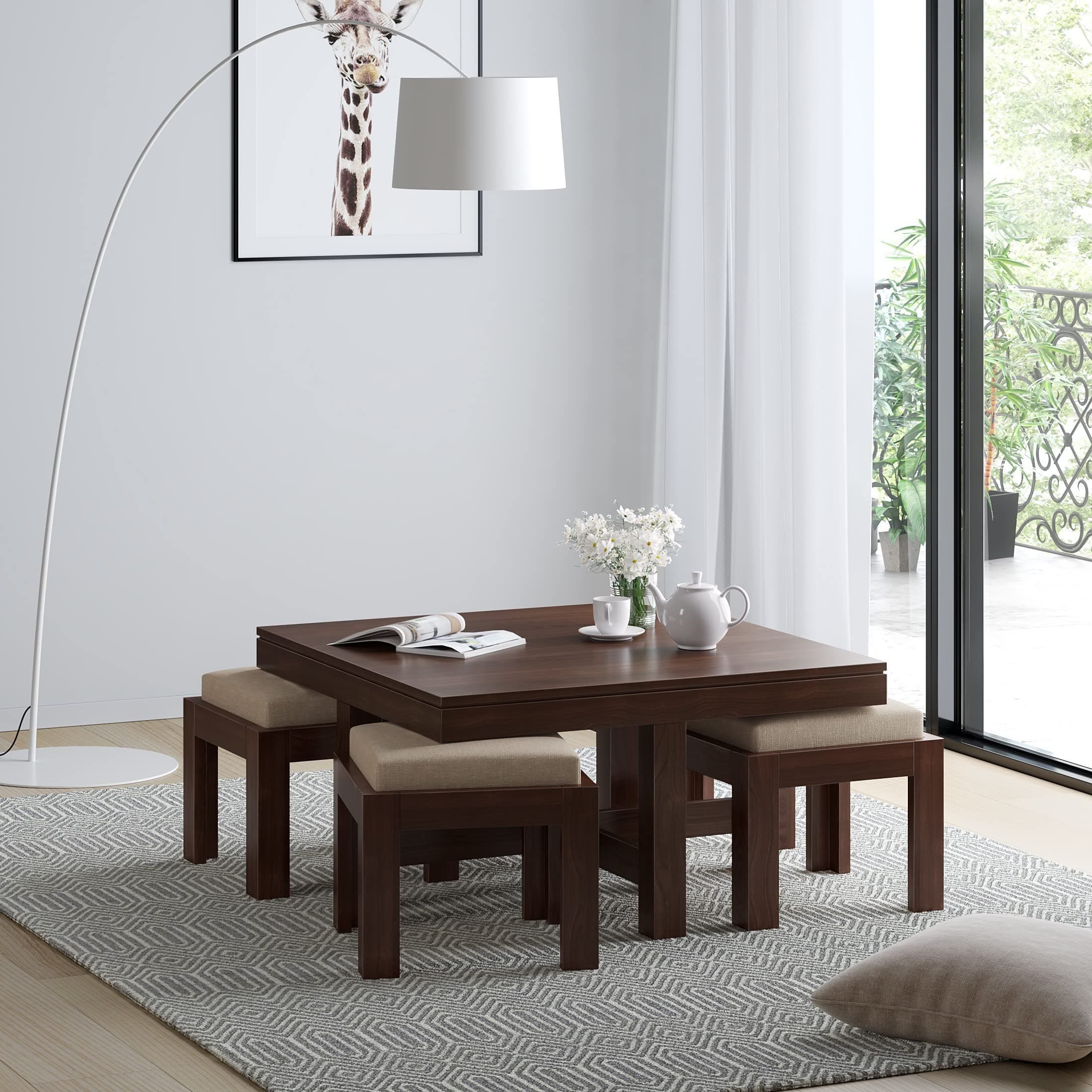 ARANYA Wooden Coffee Table with 4 Cushion Based Stool Solid Sheesham Wood Tea Cocktail Teapoy Tables for Living Room Furniture - Espresso Finish