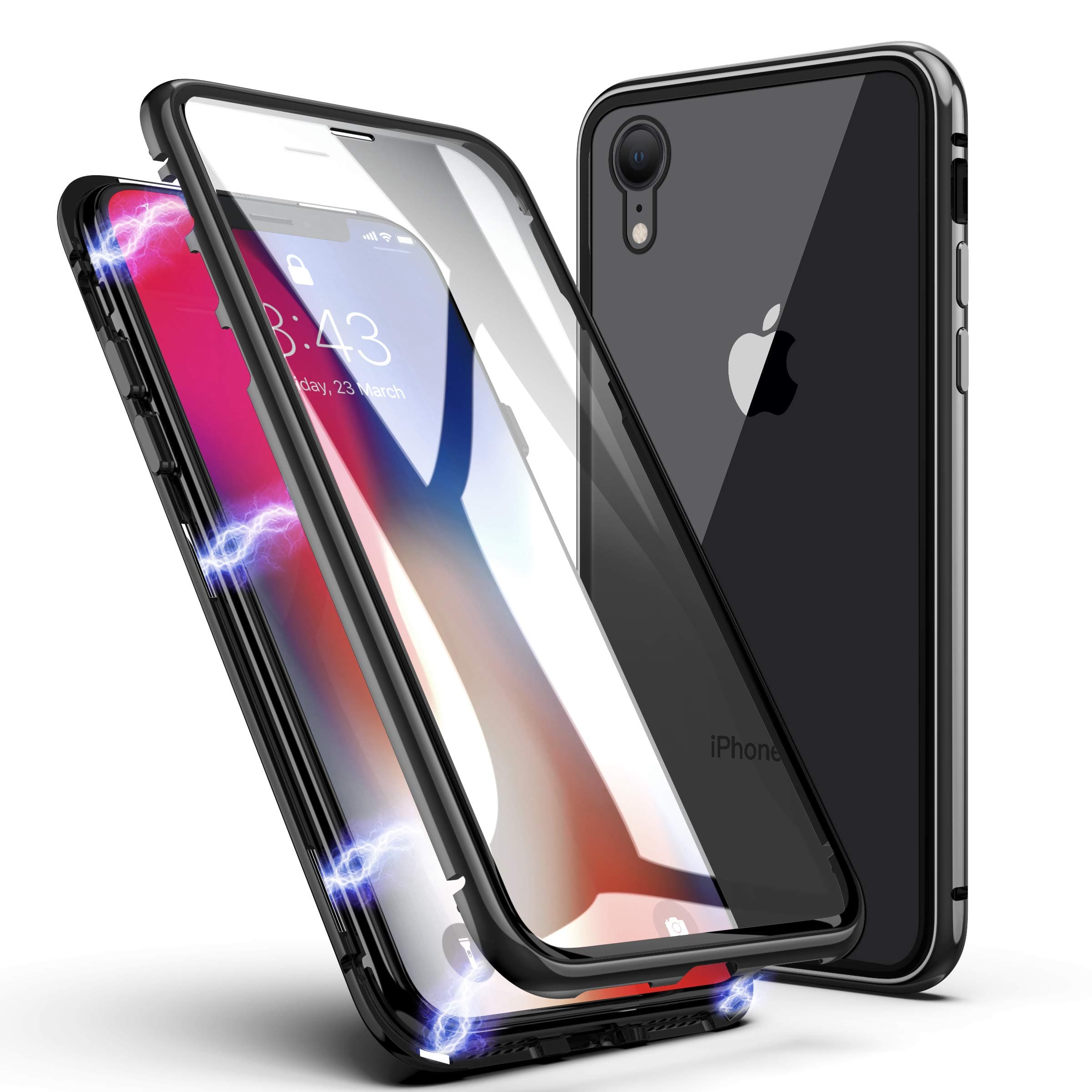 iPhone XR Case,ZHIKE Magnetic Adsorption Case Front and Back Tempered Glass Full Screen Coverage One-Piece Design Flip Cover for Apple iPhone XR (Clear Black)