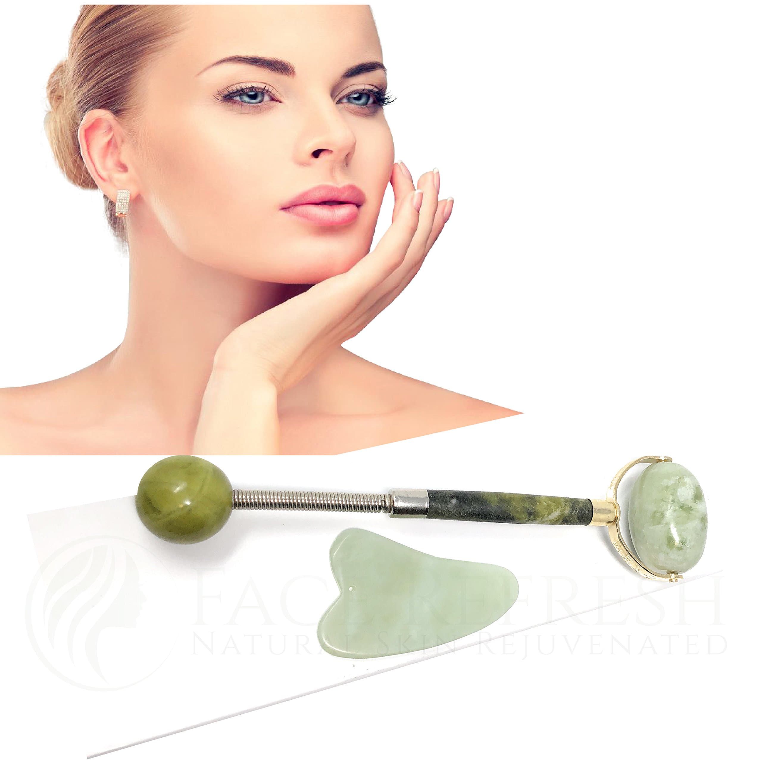 Jade Roller and Gua Sha Scraping Anti Aging Massage Tool Set for Face and Body – Upgraded Larger Ball Roller and Ball End – Bonus Gua-Sha Scraper for Deeper Face and Body Anti-Aging Massage