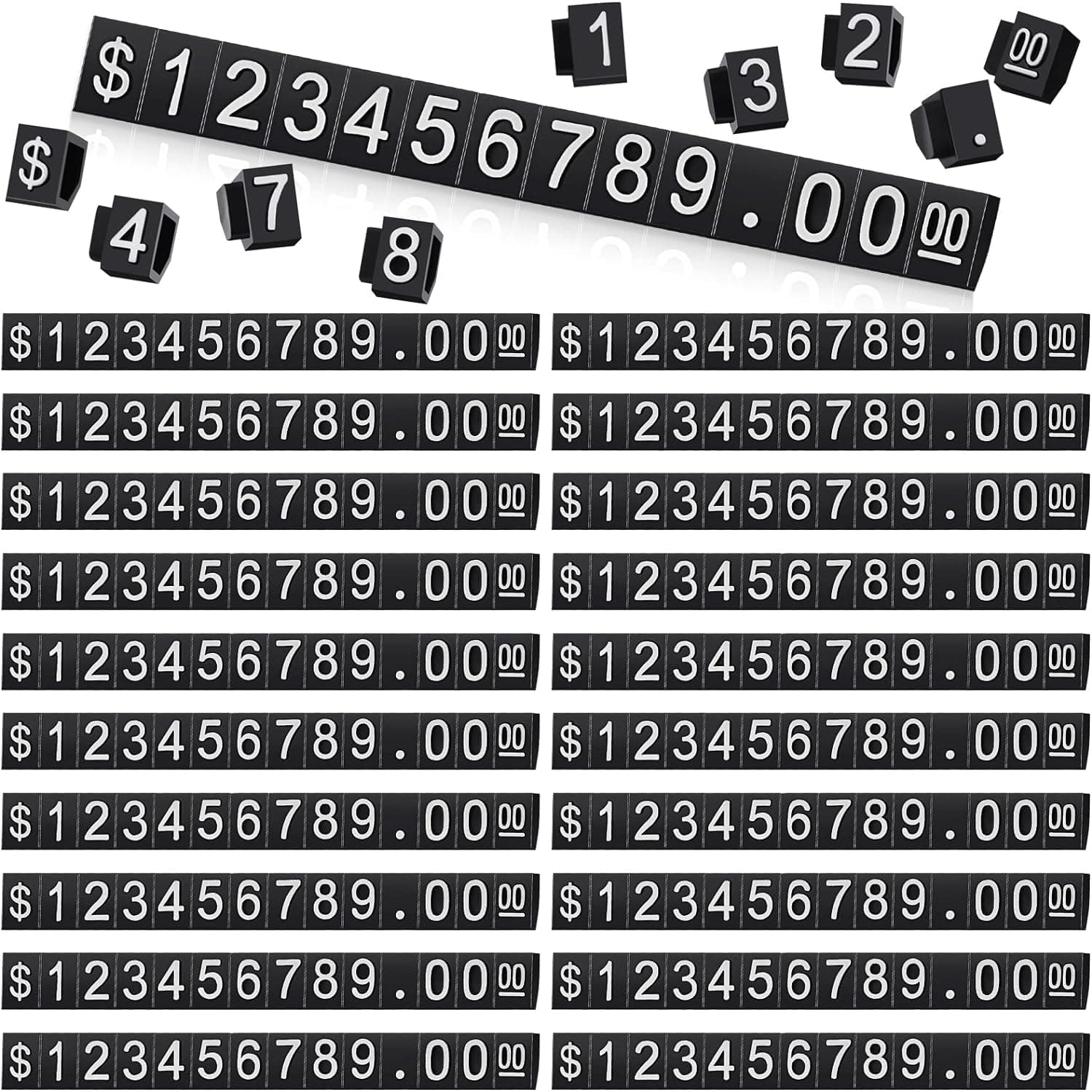 Price Display Cube - Number Letter Tag Stand Label, Adjustable Dollar Pricing Block Kit for Retail Shop Jewelry (20 Sets, Black & White)