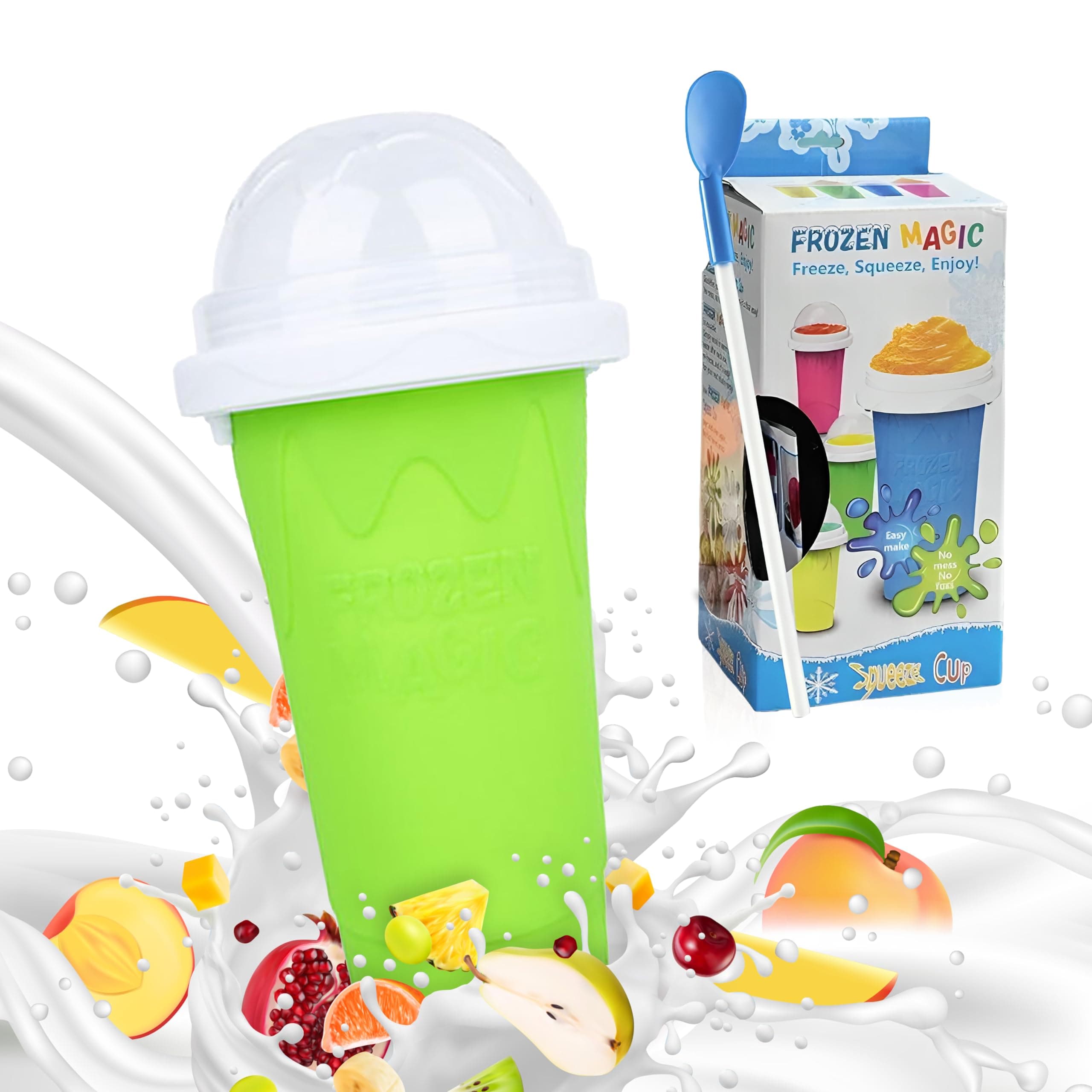Slushy Maker Cup, Quick Frozen Magic Smoothie Cup for Ice Cream Make your Day Cool, Portable Squeeze Ice Cup, Slushies Maker Cup with Spoon and Straw (Green)