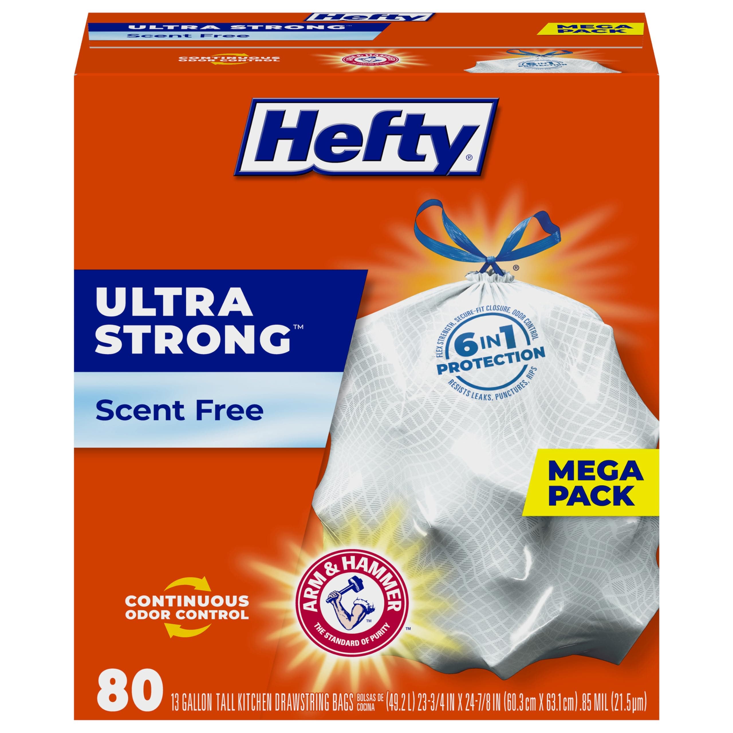 Hefty Ultra Strong Trash Bags (Scent Free, Tall Kitchen Drawstring, 13 Gallon, 80 Count) by Hefty