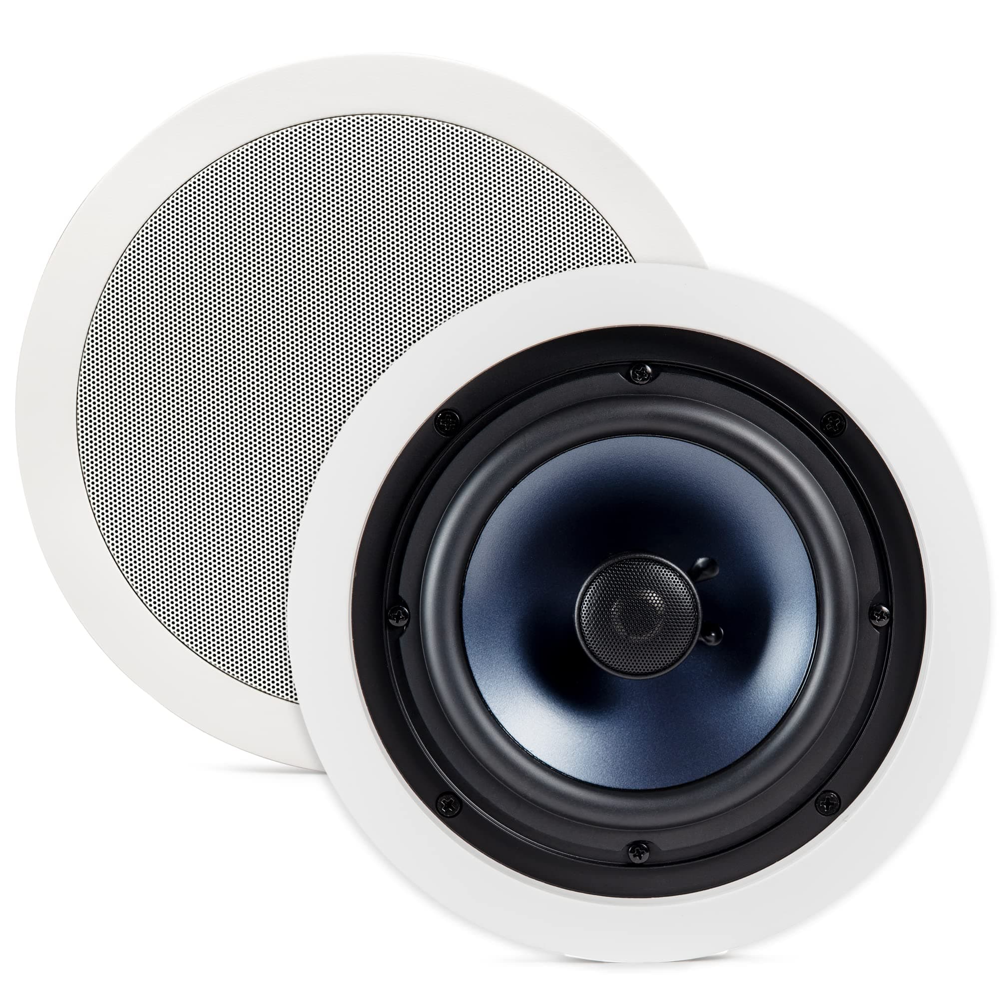 Rc80I 2-Way Premium In-Ceiling 8" Round Speakers, Set Of 2 Perfect For Damp And Humid Indoor/Outdoor Placement - Bath, Kitchen, Covered Porches (White, Paintable-Grille)
