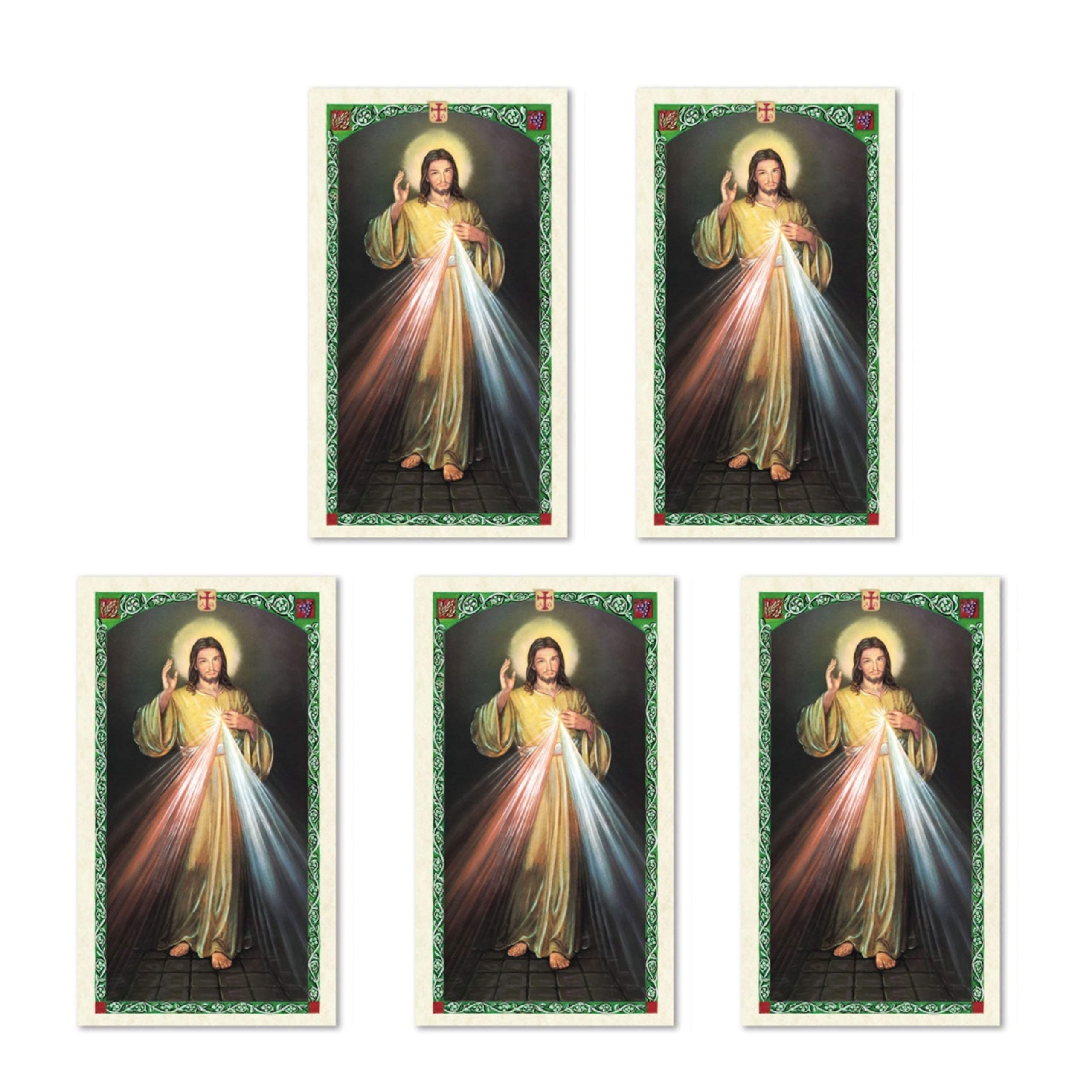 H HOLLY LINES Five-Pack Divine Mercy Image Laminated Cards with Full Chaplet, Pack of Five Detailed Color Divine Mercy Prayer Cards with St. Faustinas Chaplet Prayer for Religious Gifts