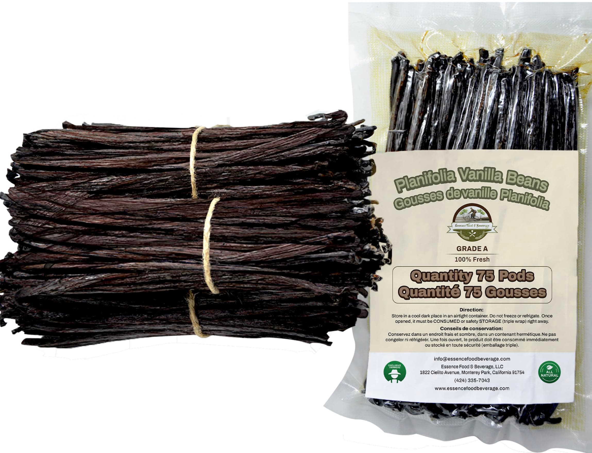 ESSENCE FOOD & BEVERAGE 75 Vanilla Beans Bulk For Making Vanilla Extract Grade A - NON-GMO Fresh Vanilla Bean pods, 6-8" Inches Vanilla Bean, Vanilla Beans For Making Vanilla Extract Grade A (75)
