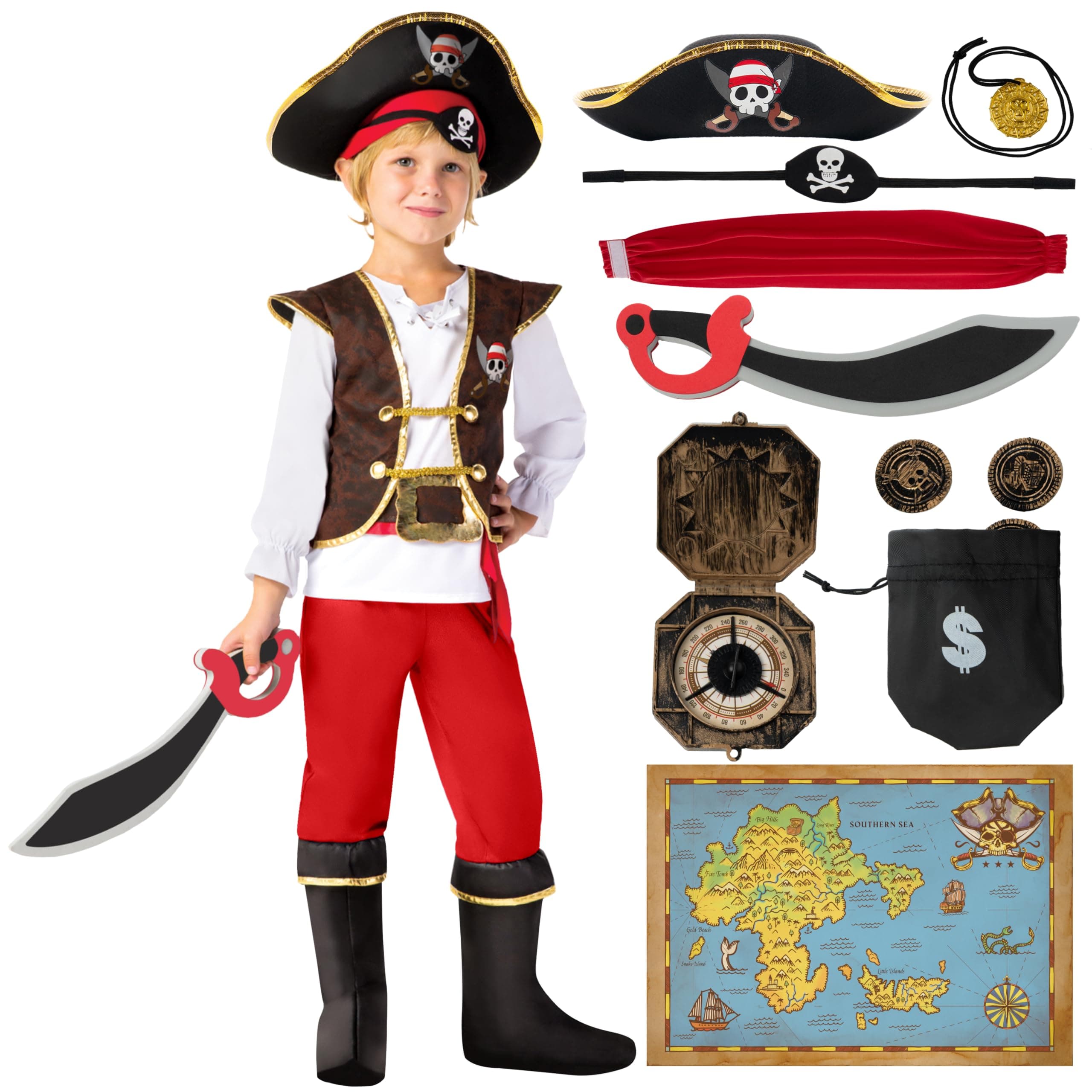 Halloween Pirate Costume Kids, Boys Pirate Costume Set for Toddler Halloween DressUp, Themed Party