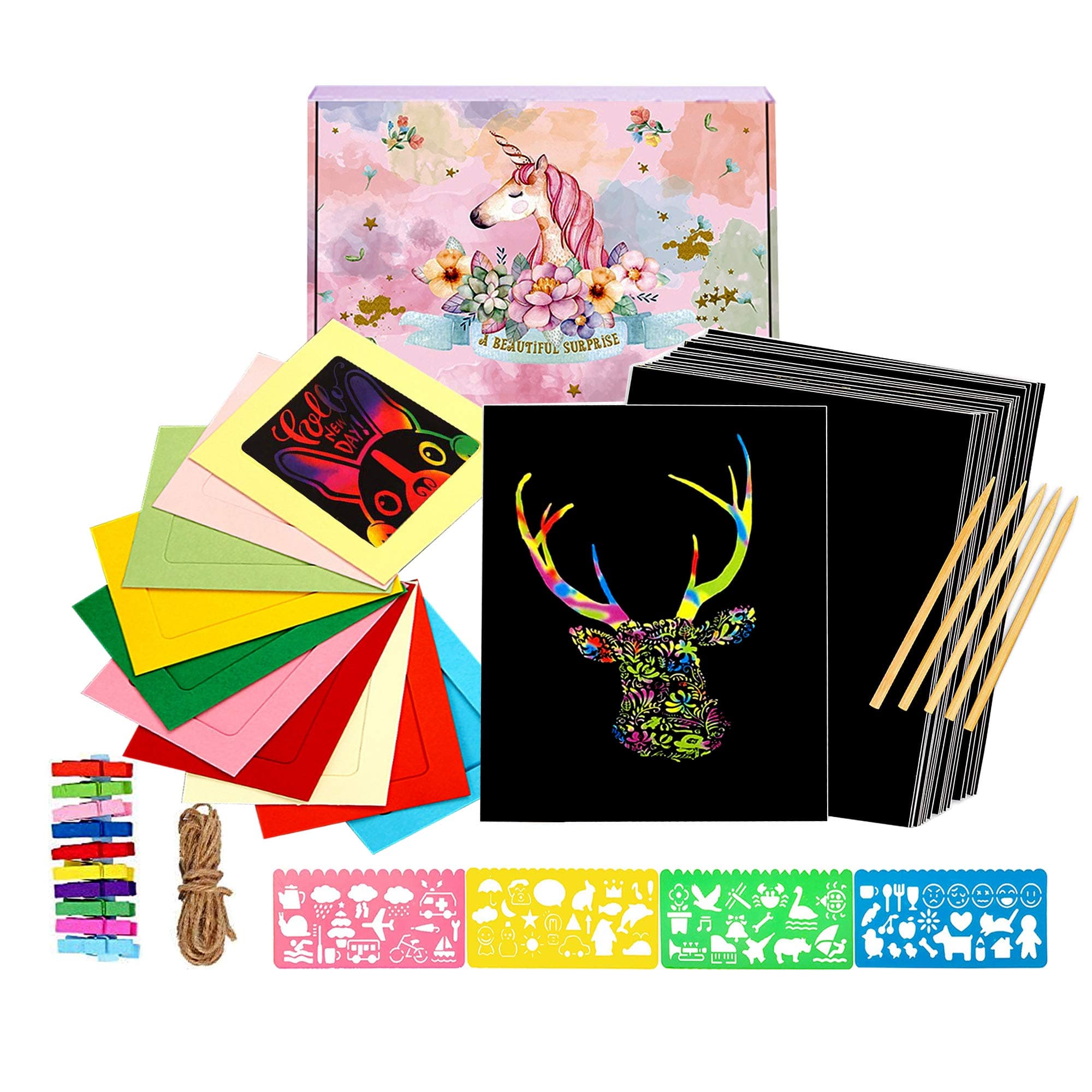 50 Sheets Rainbow Scratch Paper; Scratch Art Paper; Black Doodle Pad with Rainbow Background with 10 Cardboard Frames, 5 Wooden Styluses and 4 Drawing Stencils