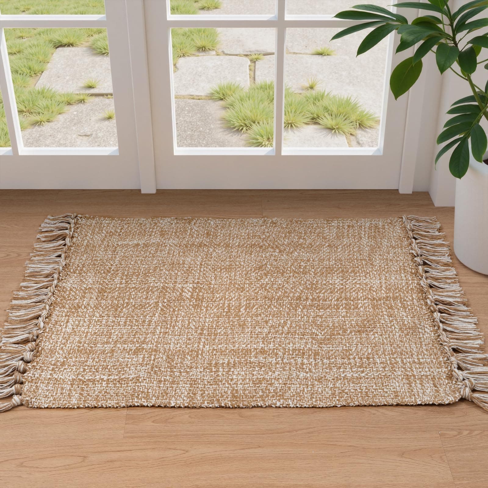 Small Bathroom Rug, 2' x 3' Hand-Woven Low Profile Front Entryway Rug, Tan Cotton Reversible Washable Kitchen Mat Modern Farmhouse Carpet for Foyer Bedroom Back Door Decor