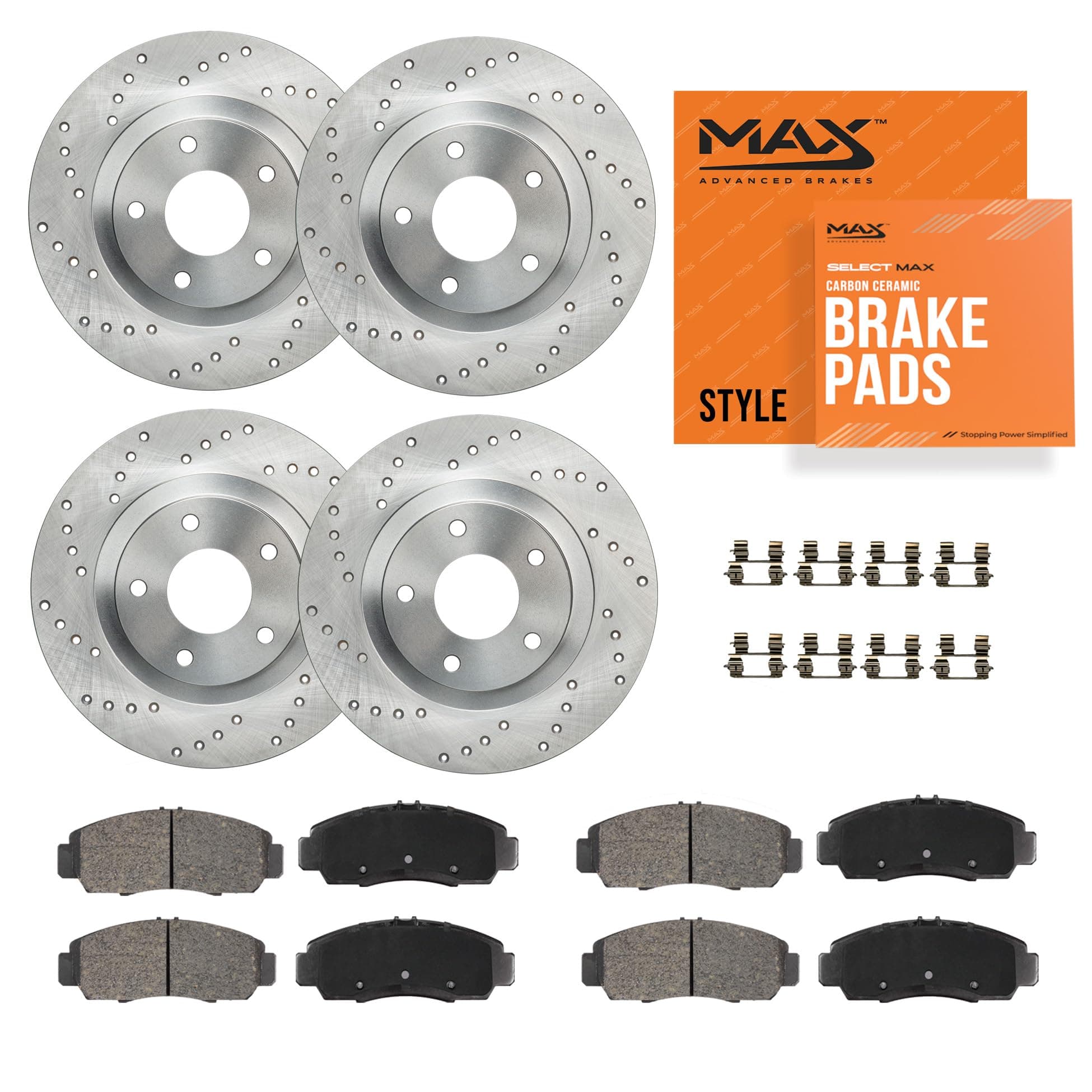 Max Advanced Brakes Front & Rear Brake Kit Compatible With 2002 2003 2004 Honda CR-V Replacement Cross Drilled Disc Brake Rotors and Ceramic Brake Pads