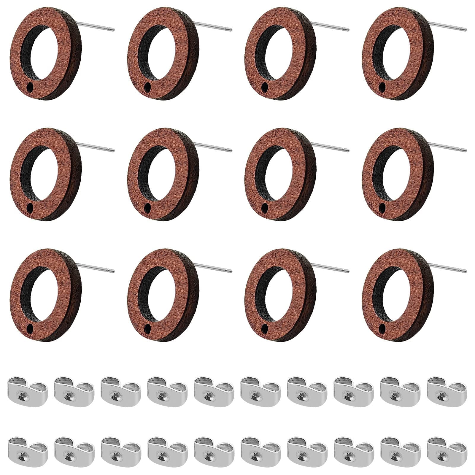 100Pcs Wooden Earring Studs, Ring Shaped, Brown, DIY Earring Making Supplies