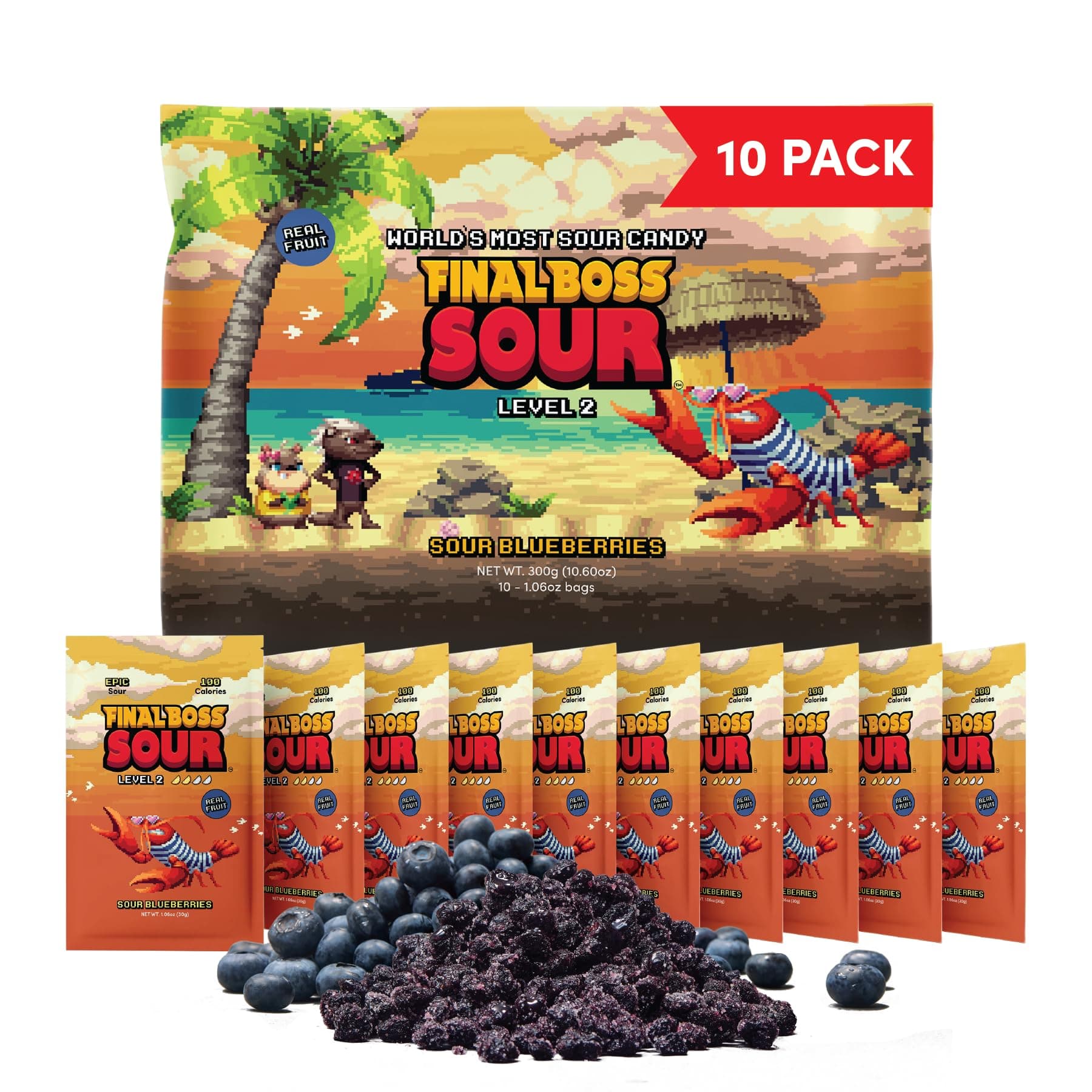 Final Boss Sour Candy, Sour Blueberries, 10 Pack, Level 2, Fruit Chews with Real Dried Fruit, No Artificial Colors or Flavors, Low Calorie Snack for Kids, Teens, Adults, Lunch Boxes