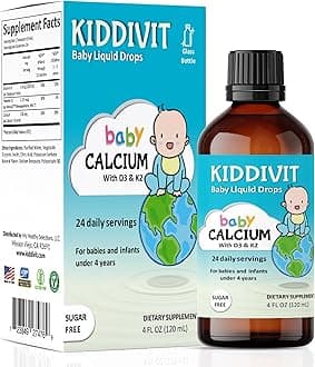 Kiddivit Baby Calcium Liquid Drops with Vitamin D3 & K2-24 Daily Servings, 4 Fl Oz (120 mL) - Inulin Fortified (Prebiotic, Dietary Fiber) - Sugar Free, Gluten Free, Vegetarian Friendly