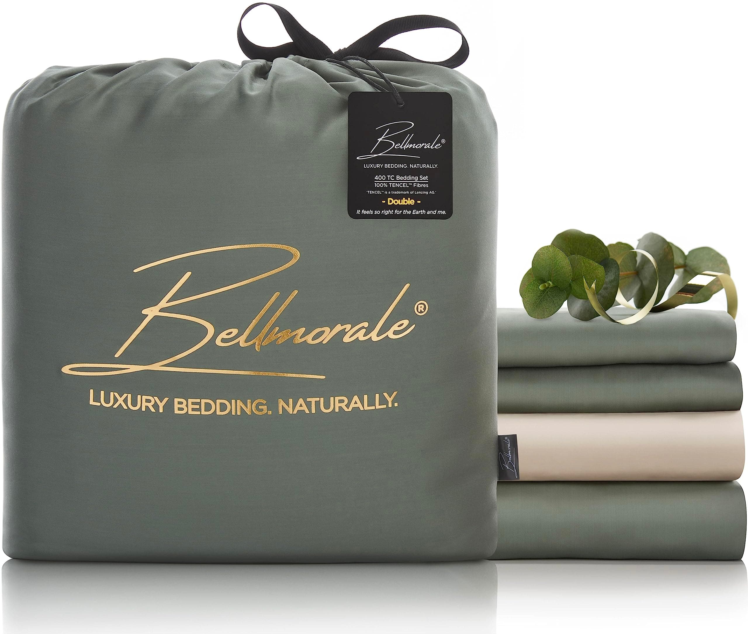Bellmorale Eucalyptus Silk Bed Set | 400 Thread Count Luxury Tencel Softer than Bamboo Bedding | Soothing Natural Sateen Sheets | Lyocell Duvet Cover Sets | Green/Beige, Double