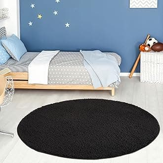 THE RUGS Living Room Rug - Shaggy Soft And Elegant Carpets For The Bedrooms And Kitchen, Easy To Clean, Many Different Sizes (120 cm Round, Black)