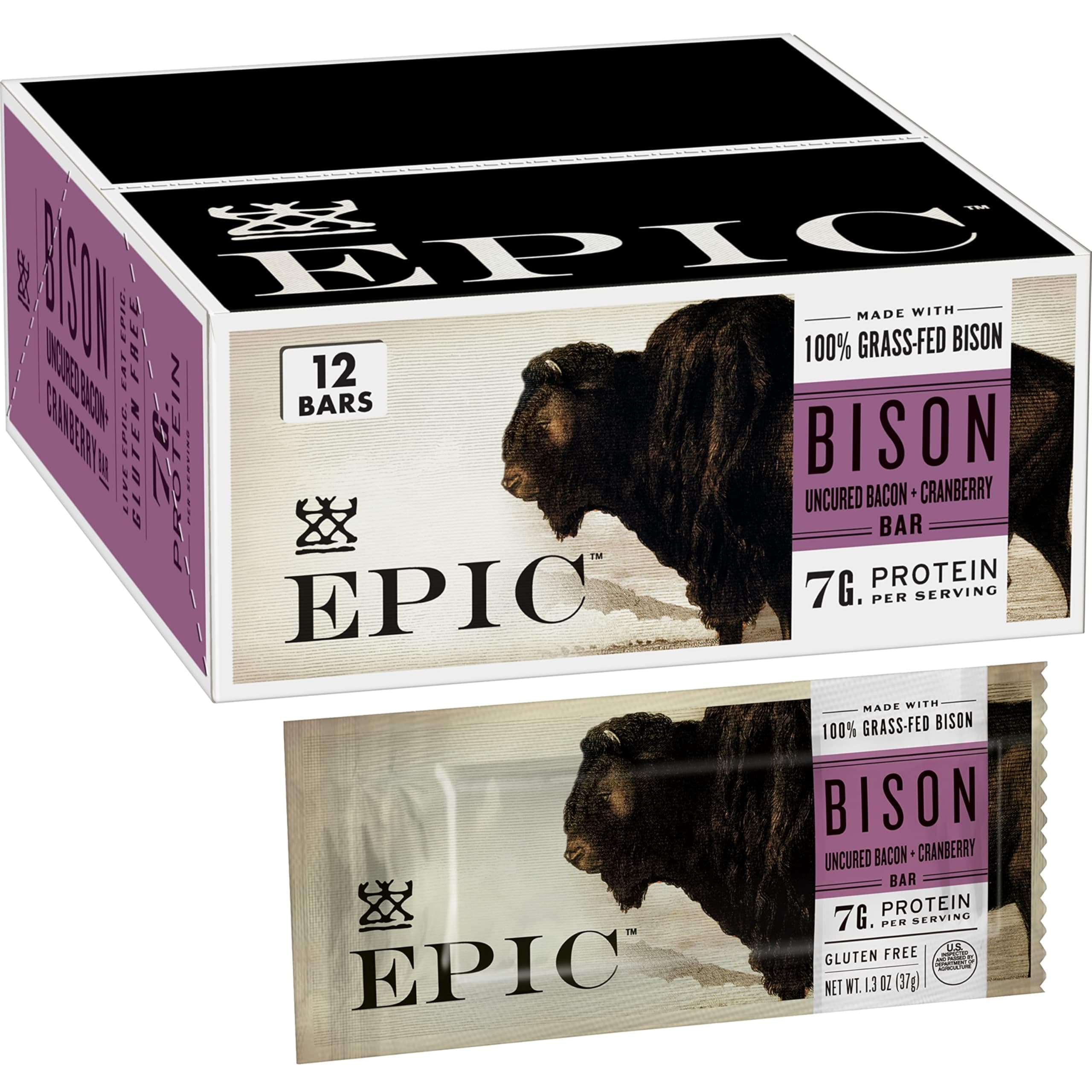 EPIC Bison Uncured Bacon and Cranberry Bars, Grass-Fed, Protein Bar, 12 Ct, 15.6 oz