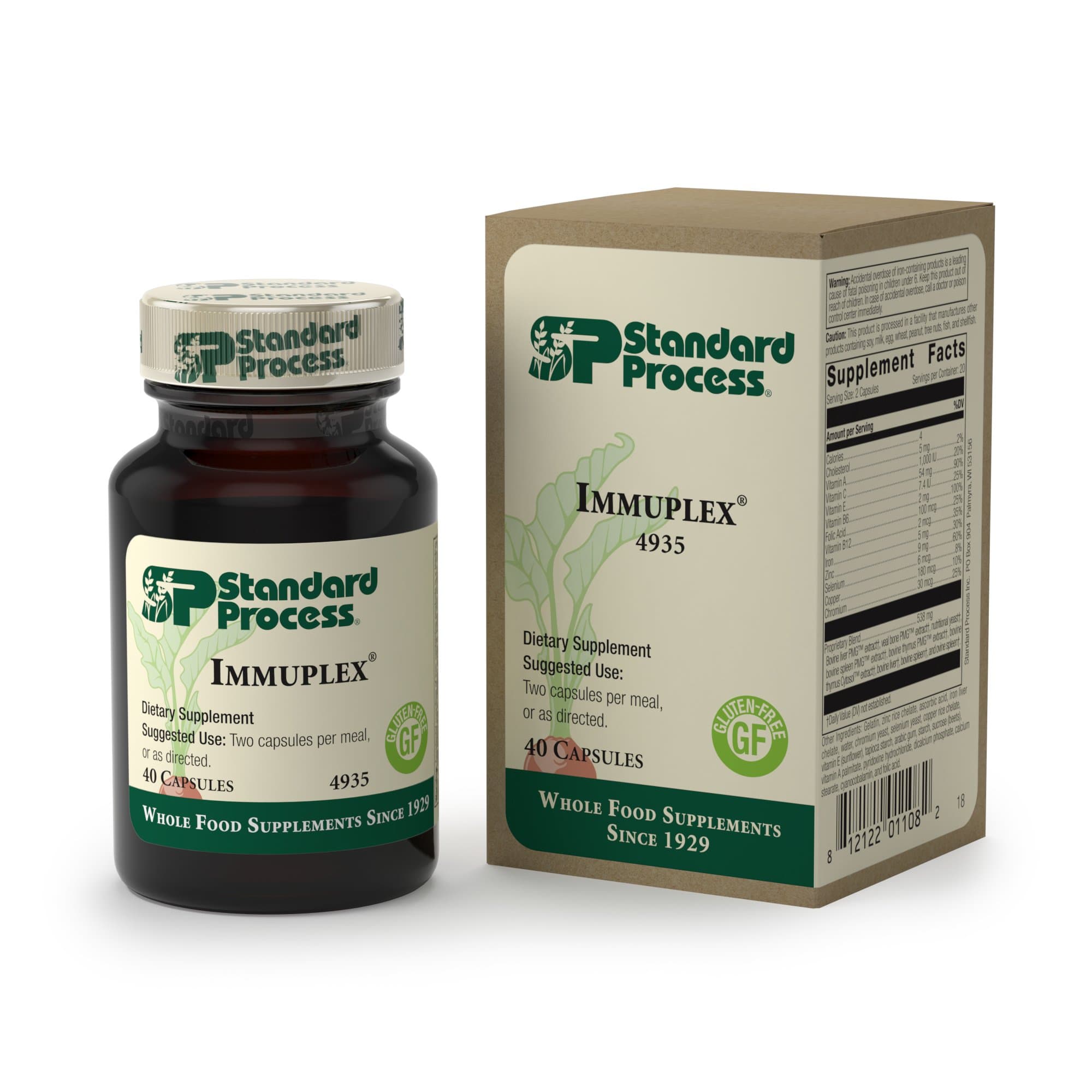 Standard Process - Immuplex - Immune System Function Support Supplement, Provides Vitamin A, C, E, B6, B12, Folic Acid, Iron, Zinc, Selenium, Copper, Chromium, Gluten Free - 40 Capsules