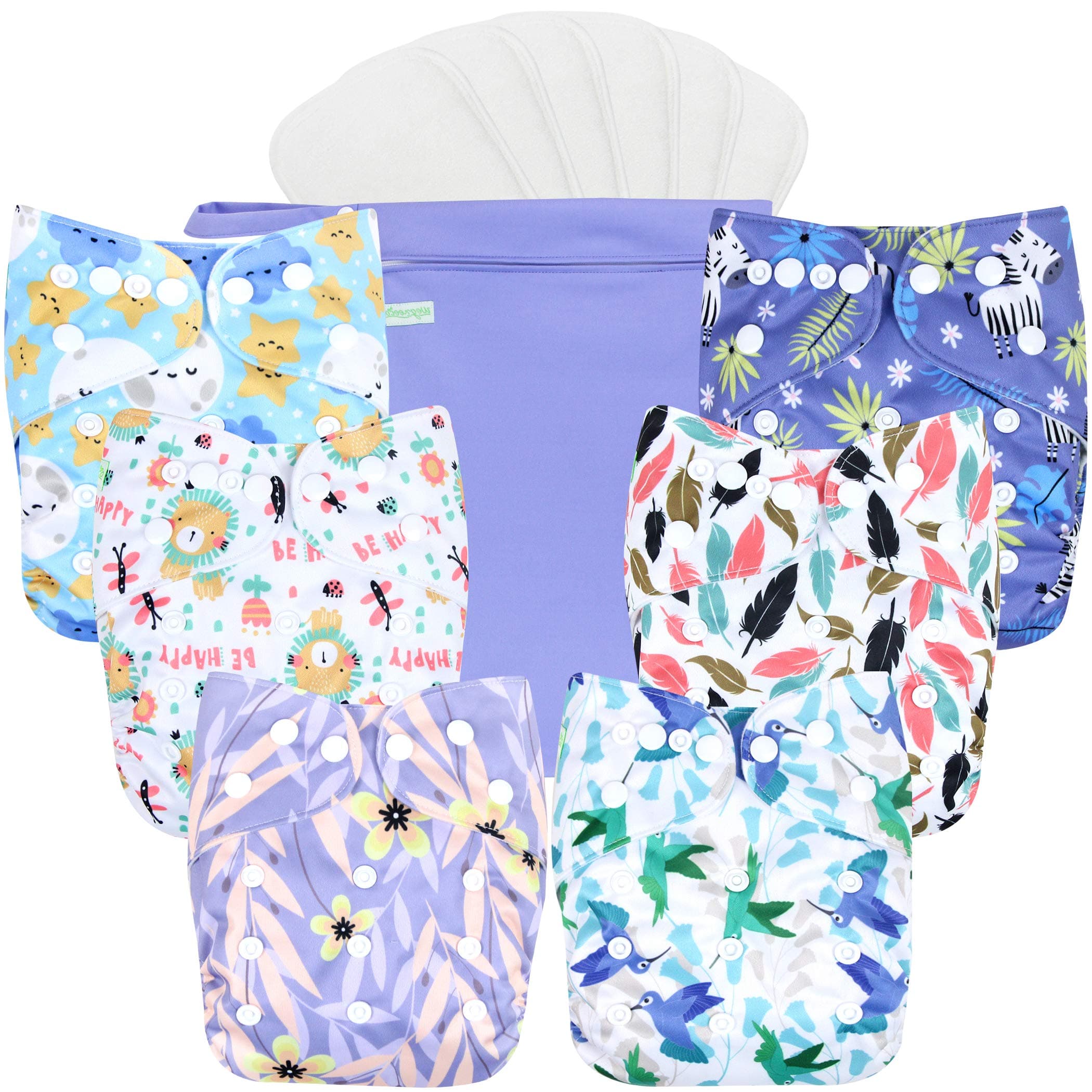 wegreeco Cloth Diapers 6 Pack with 6 Inserts & 1 Wet Bag, Washable Cloth Diapers for Babies, One Size Adjustable Reusable (Leaves, Animals)