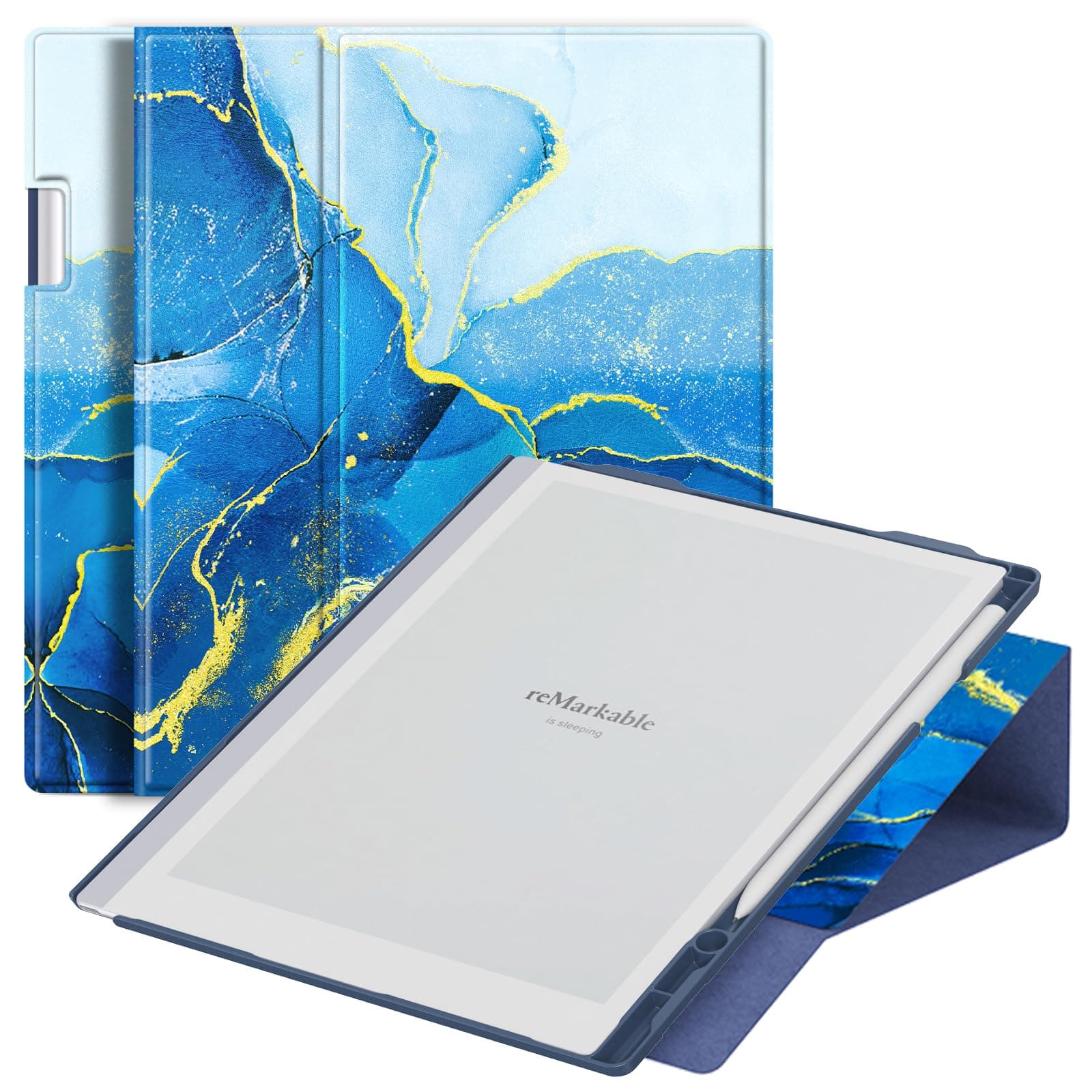 ENET-CASE Case for Remarkable 2 Paper Tablet- Multi-Viewing Adjustable Folding Book Folio Cover - with Built-in Pen Holder - for 10.3" 2020 Released (Marble Flow Gold Blue)
