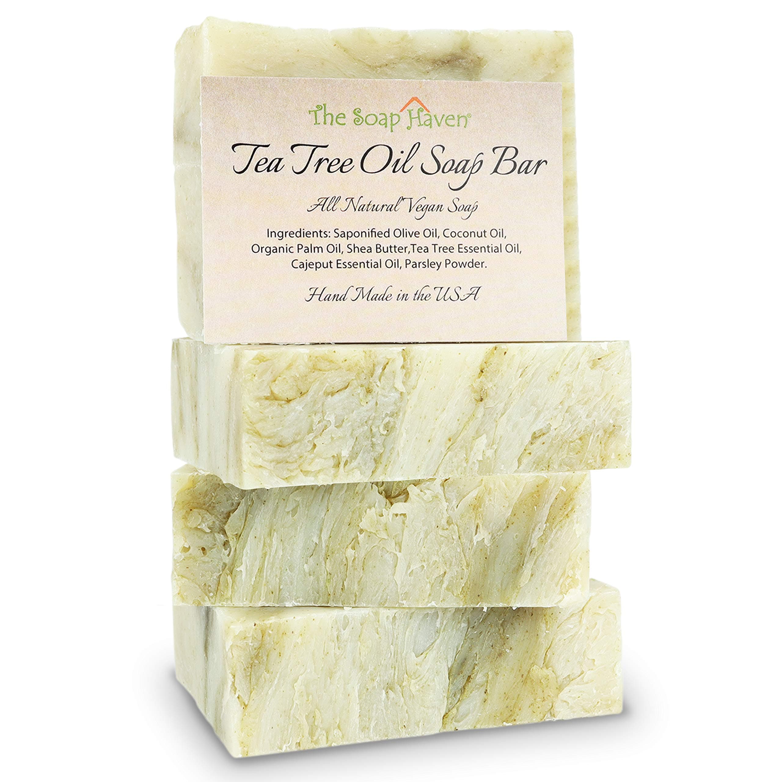 TEA TREE SOAP BAR - 4 Natural Tea Tree Oil Soap Bars for Face, Hand, Foot, Body Wash - Fights Blemishes, Itch, Body Odor. Handmade in USA with Non-GMO Ingredients. 4 Large 4.5 oz Bars