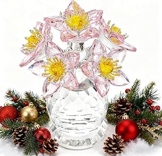 Pink Crystal Flower Ornament with Base Flower Figurine Collections Glass Flower Bouquet Gift for Women Crystal Christmas Decoration for Home