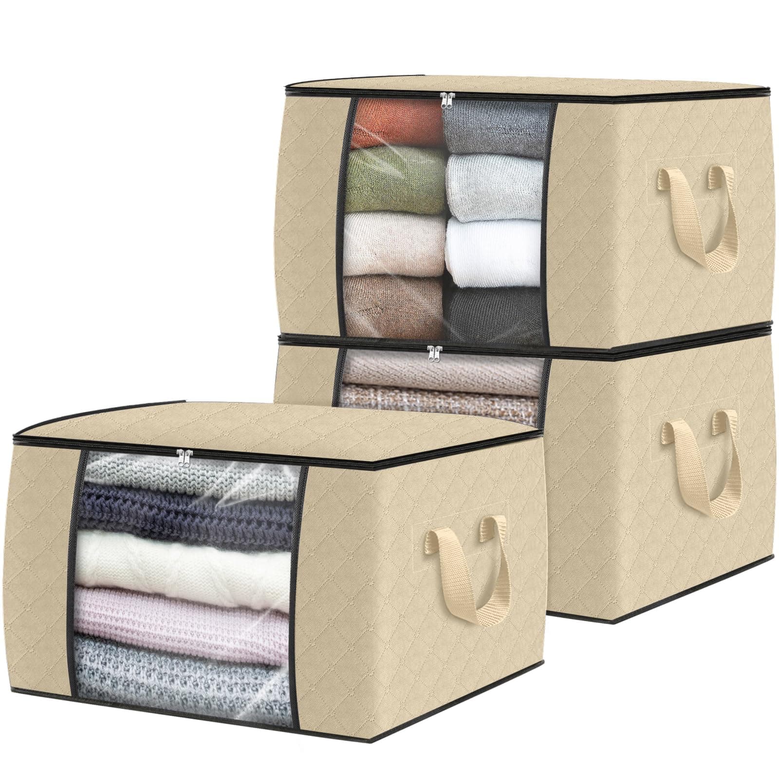 Fab totes 3 Pack Clothes Storage, Foldable Thick Fabric Blanket Storage Bags, Containers for Organizing Bedroom, Closet, Clothing, Comforter, Organization with Handle,Beige