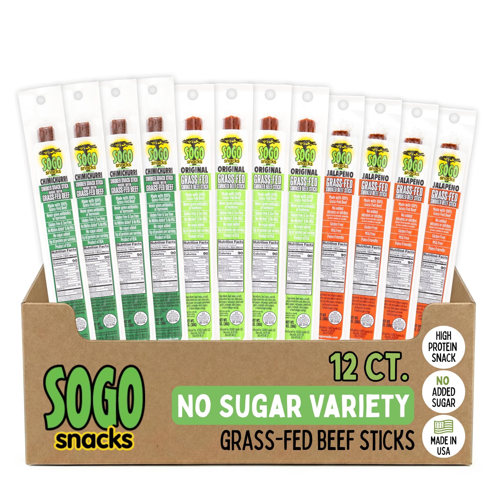 Sugar-Free Beef Jerky Variety Pack, 100% Grass Fed Beef Sticks. Non-GMO. No Added Nitrates, Gluten, Soy, MSG, Dairy or Nuts. Paleo, Whole30, Keto Snack. (4 Original, 4 Chimichurri, 4 Jalapeno, 12-Cnt)