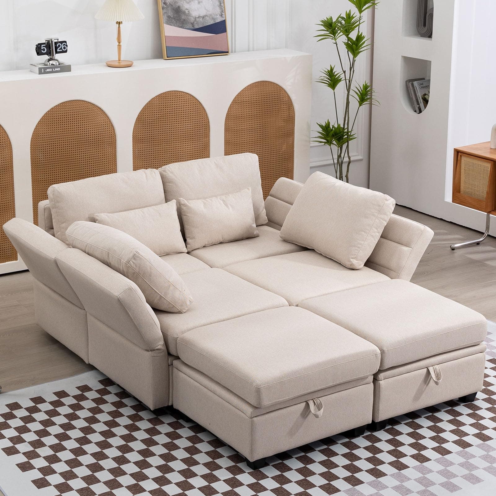 Rovibek 6 Seat Modular Sofa, L Shaped Sectional Couch with Storage for Living Room, Modern Fabric Settee Sleeper with Double Ottoman & Memory Foam, White