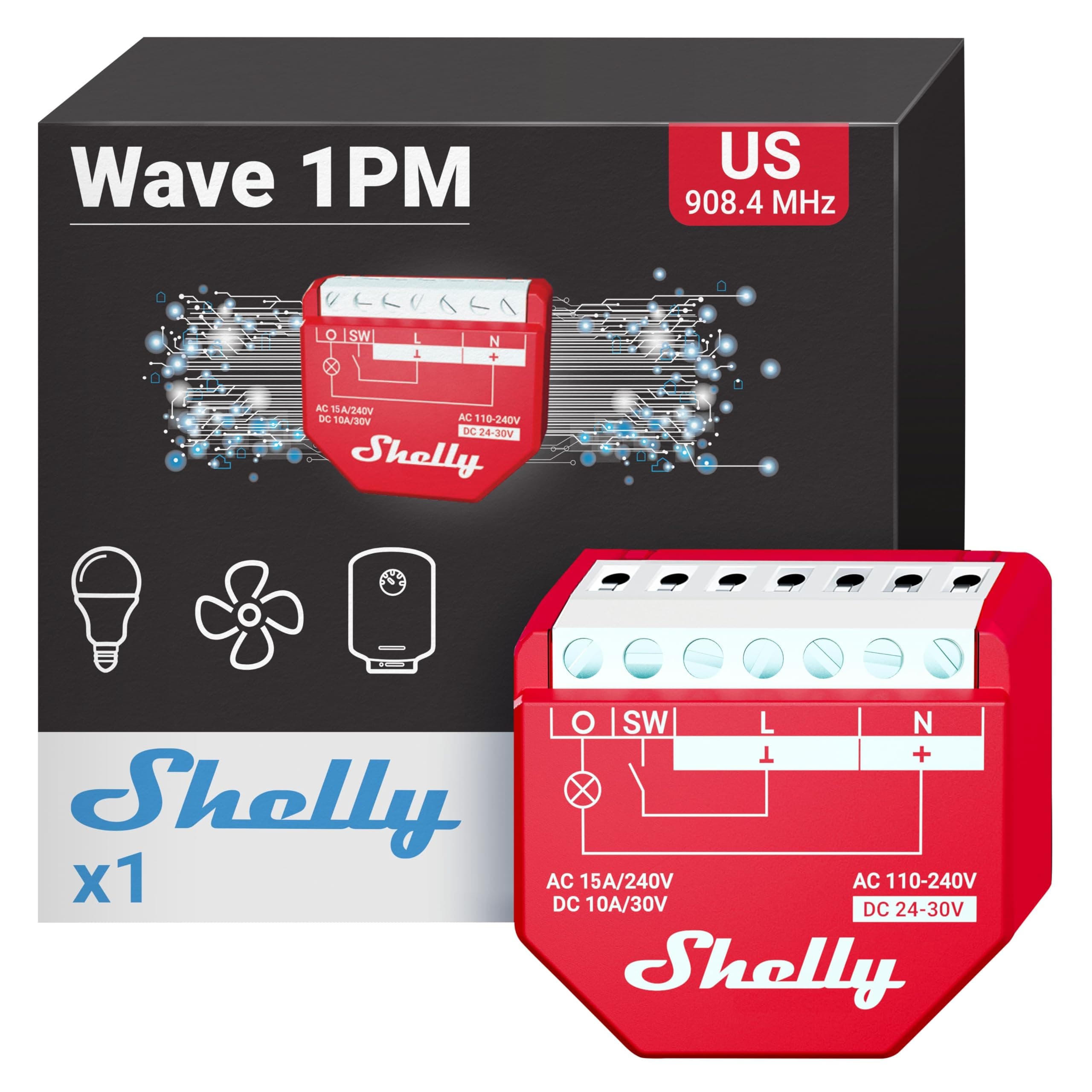 Shelly Qubino Wave 1PM US UL | Z-Wave Smart Switch Relay, 1-Channel 15 A with Power Metering | Home Automation | Z-Wave Repeater | High Compatibility | Easy Installation | iOS Android App