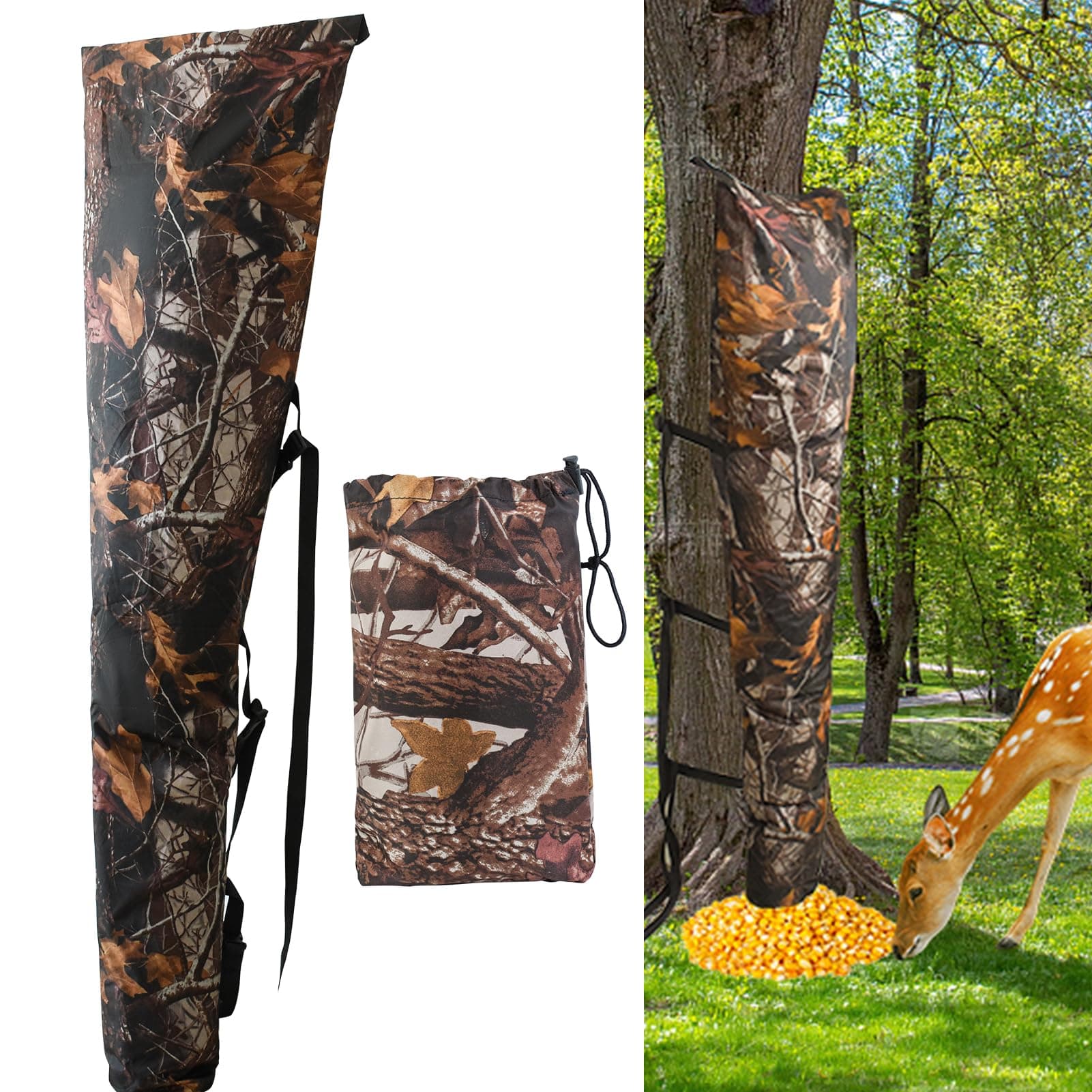 MofuiryWaterproof Deer Bag Feeder with Adjustable Strap, Hanging Gravity Deer Corn Feeder Camo Tree Hugger Game Feeder for Hunting and Feeding Wild Animals, 100 lb, Weatherproof Oxford Fabric