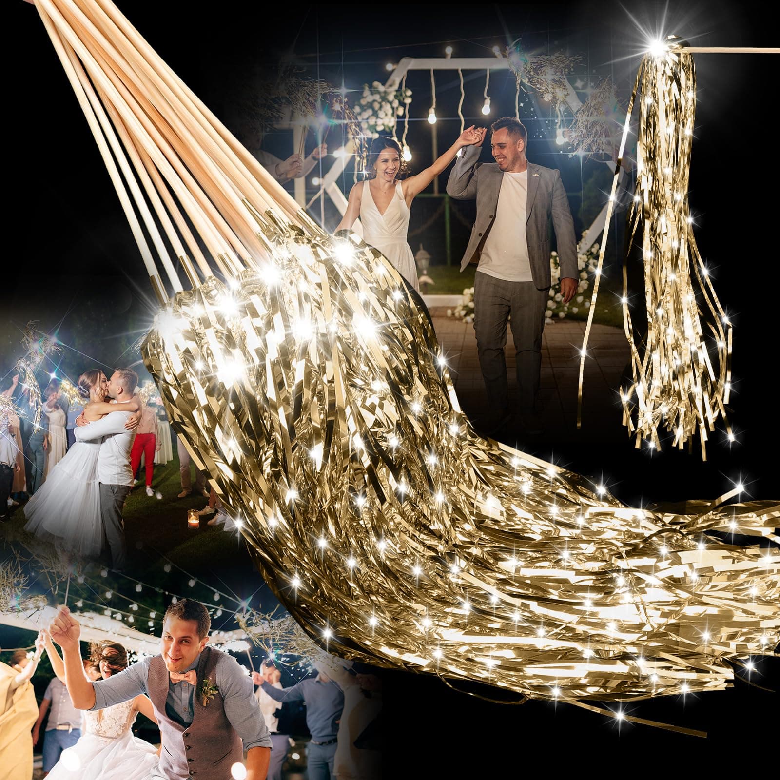 200 Pcs Lighted Wedding Wands LED Tinsel Wands Light up Streamers Sparklers for Wedding Send Off and Exits Birthday Party Props Favors