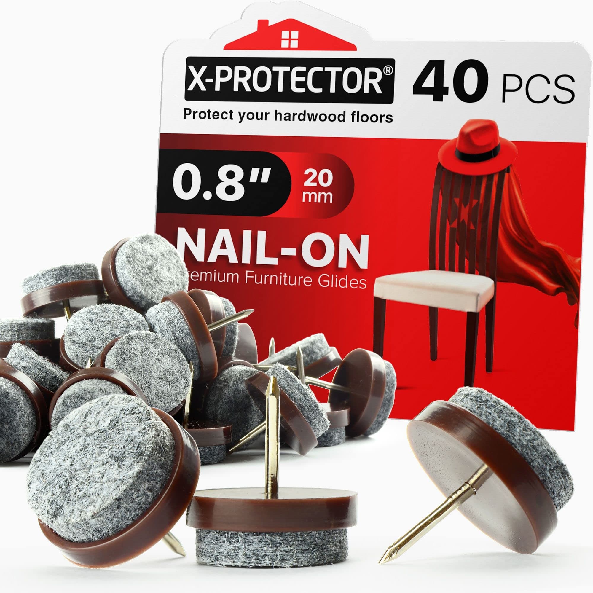 Nail-on Felt Pads X-PROTECTOR 40 PCS - 0.8" Felt Furniture Pads - Felt Chair Pads for Hardwood Floors - Floor Protectors for Furniture Legs - Furniture Sliders for Hardwood Floors (20mm)!