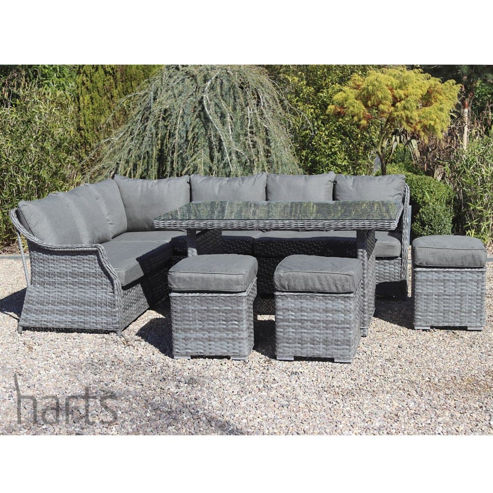 Harts - Hampton Rattan Corner Sofa & Dining Table Set with Stools -Strong Rod Weave Garden patio furniture (Grey Rattan with Cover)