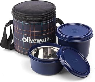 SOPL-OLIVEWARE Cleo Lunch Box, Microwave Safe & Leak Proof, 2 Inner Steel Containers with BPA Free Airtight Lids (450ml & 600ml), Fabric Bag (Blue)