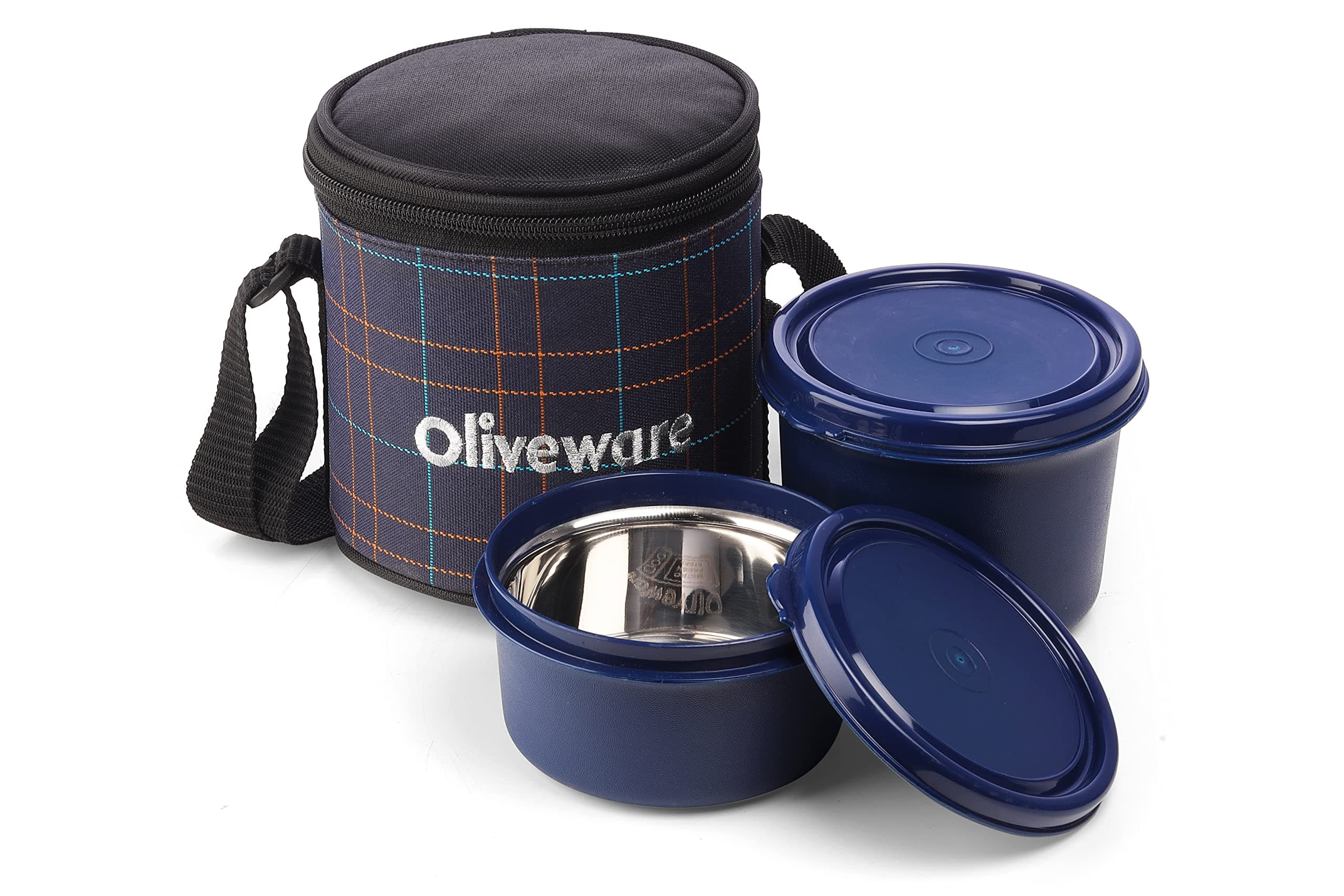 Cleo Lunch Box, Microwave Safe & Leak Proof, 2 Inner Steel Containers with BPA Free Airtight Lids (450ml & 600ml), Fabric Bag (Blue)