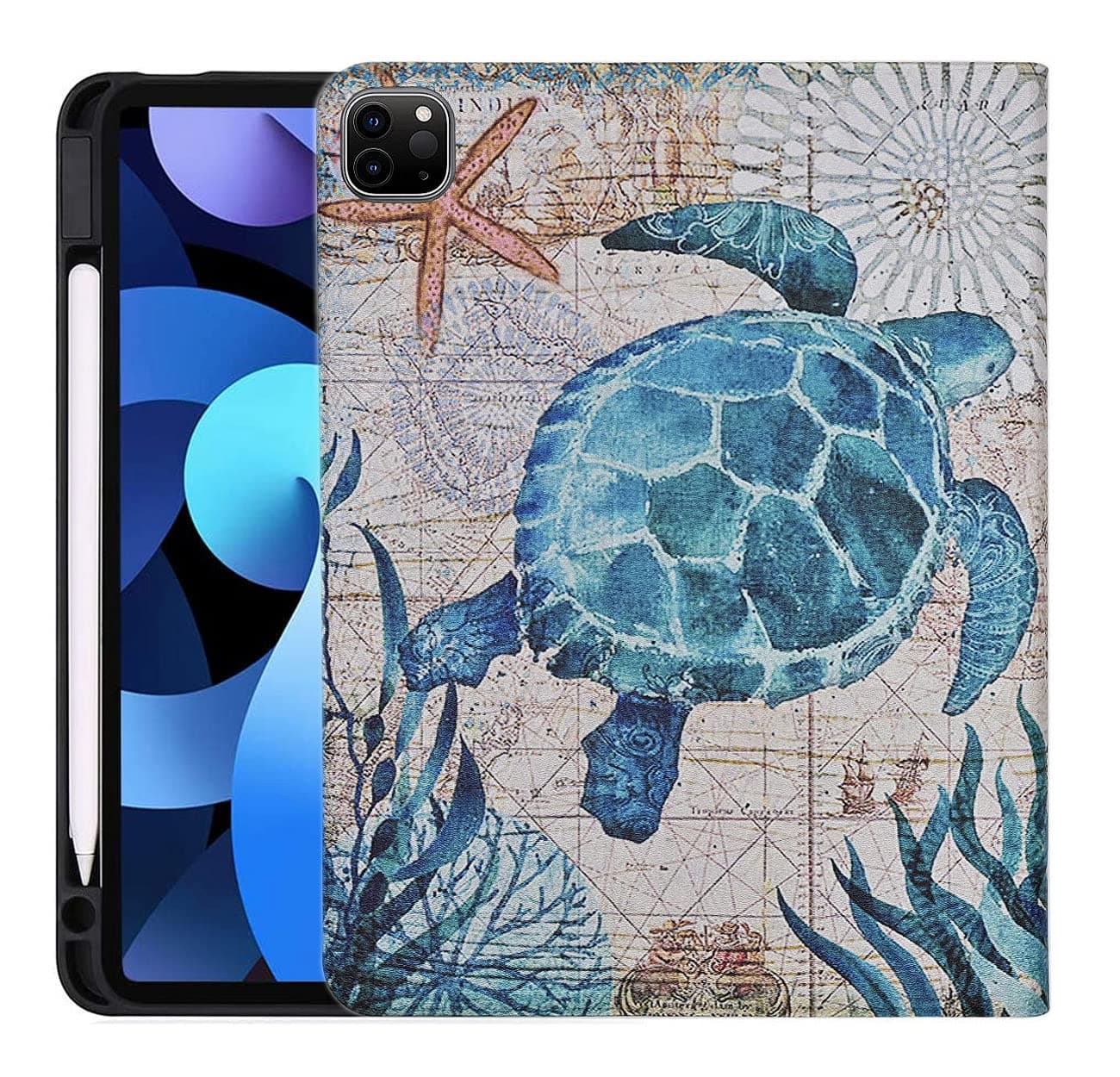 YHB Case for iPad Pro 11 inch (1st, 2nd, 3rd & 4th Gen) 2018/2020/2021/2022, Slim PU Leather Folding Stand Multiple Viewing Angles Protective TPU Cover, Auto Wake/Sleep, Sea Turtle