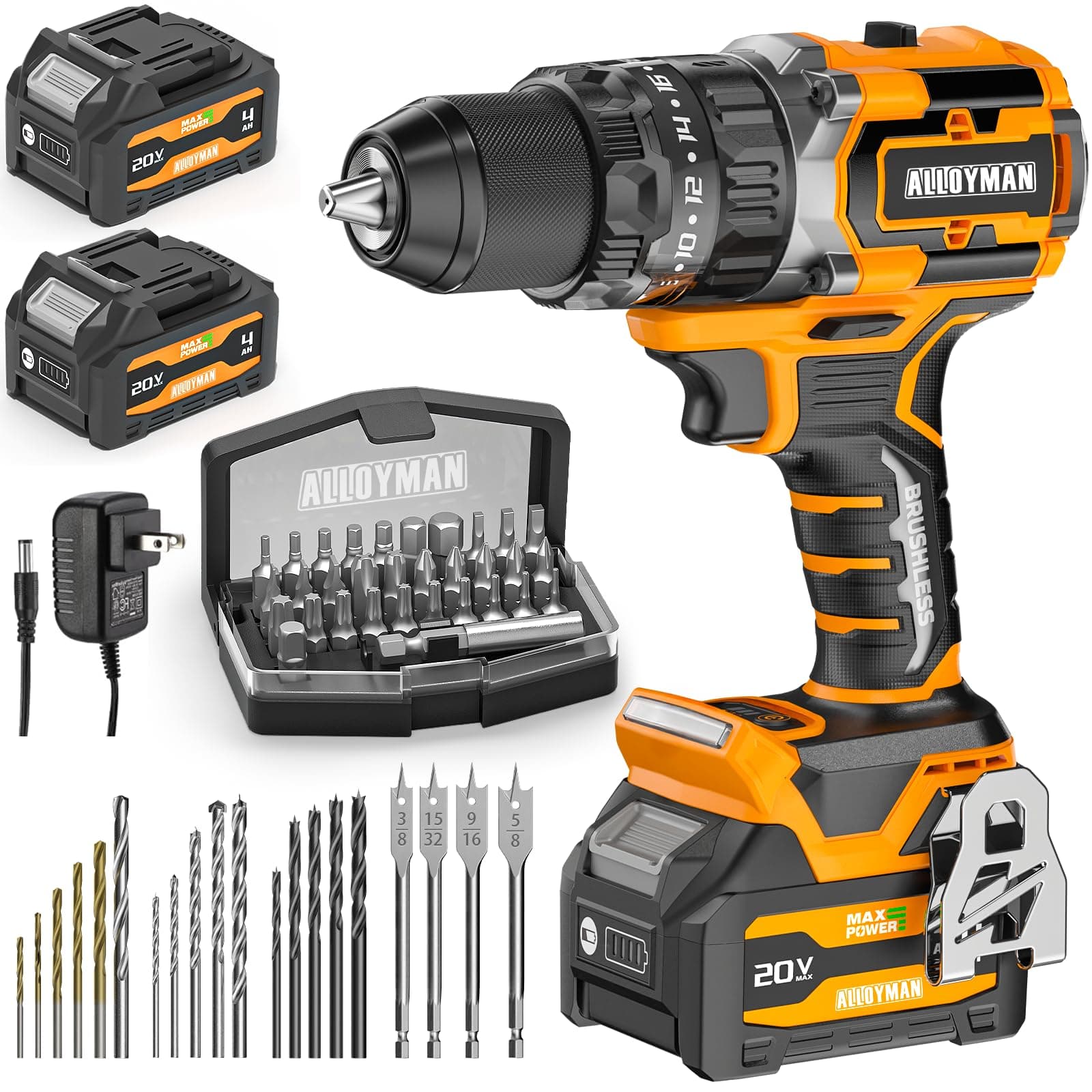 Alloyman 20V MAX Cordless Hammer Drill, Max 620 In-lbs, 31500BPM, Brushless Motor, 1/2" Keyless Metal Chuck, 20+3 Torque Settings, Impact Drill Kit for Drilling Brick Wall, Metal