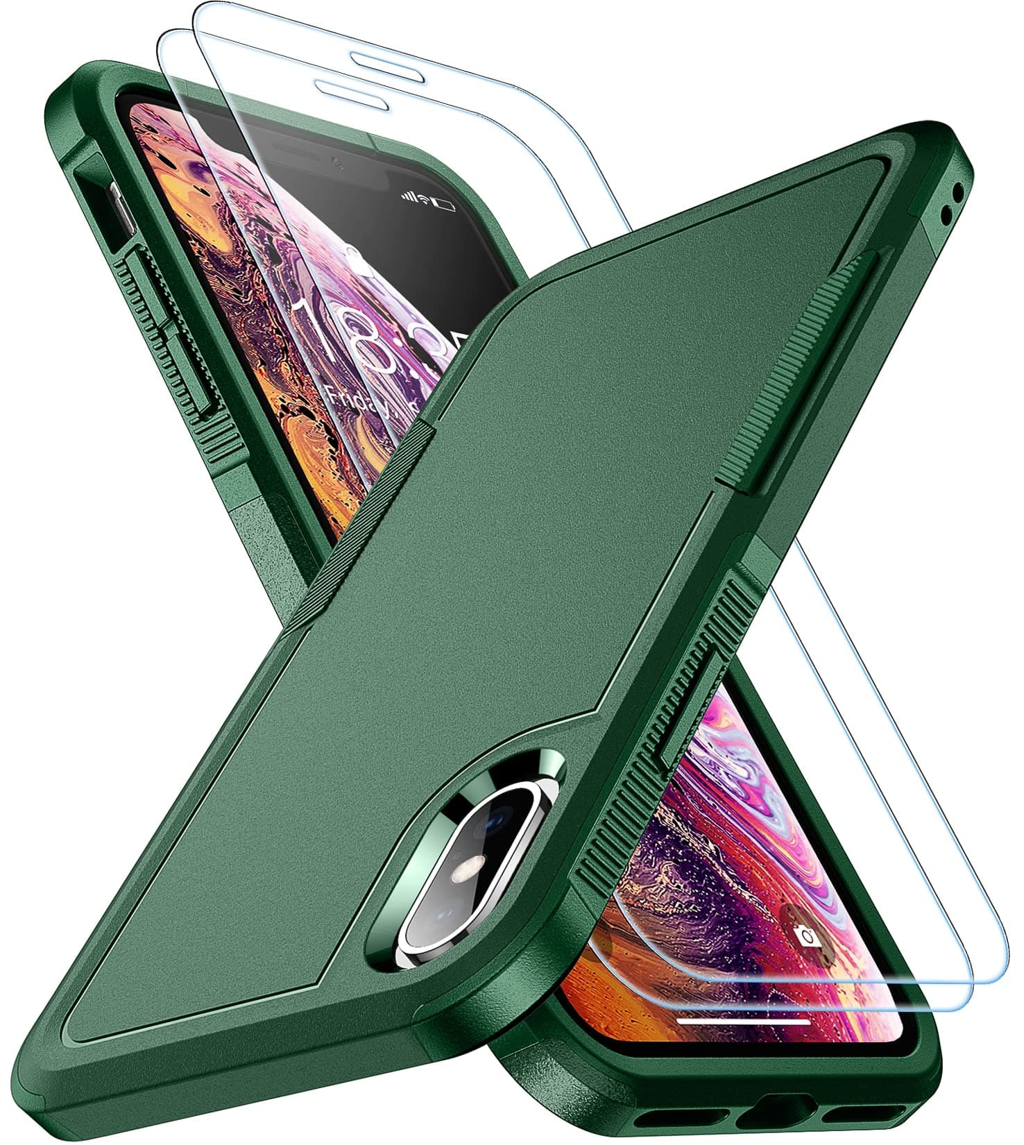 SPIDERCASE for iPhone Xs Max Case, [10 FT Military Grade Drop Protection] [2 pcs Tempered Glass Screen Protector] Shockproof Airbag Cushion Protective Case for iPhone Xs Max 6.5” (Dark Green)