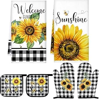 Bencailor 6 Pcs Spring Kitchen Decor Sunflower Pot Holders and Oven Mitts Sets Yellow Kitchen Towel 2 Farmhouse Cooking Mittens for Cooking Grilling Supply Accessories(Yellow,Sunflower)