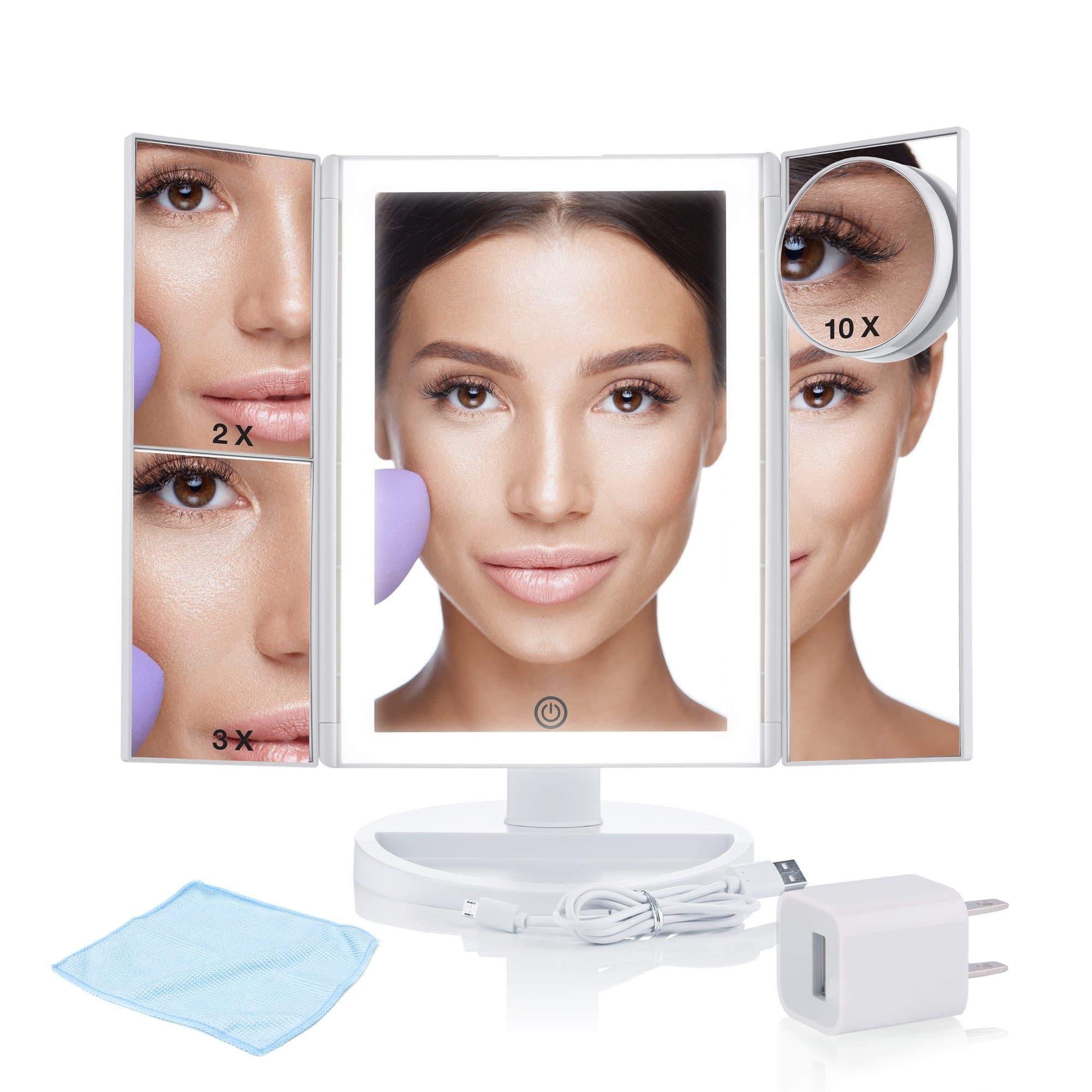 WONDER MIRROR 2019 Led Lighted Trifold Makeup Mirror w/Built-in Air-Vitamin Anion Generator for Ionic Conditioning + Big 10x Magnification Mirror w/Suction-Cups + Charger w/Long 7 ft Cord